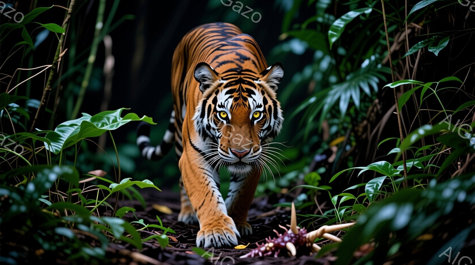 深い緑の熱帯雨林の中で、一頭のベンガルトラが正面を見据え、ゆっくりと歩を進めている。力強い足取りと鋭い眼光は、獲物を狙うハンターとしての威厳を感じさせ、その毛並みは鮮やかなオレンジ色と黒色のストライプで覆われている。周囲は鬱蒼とした植物に囲まれ、湿度の高いジャングル特有の雰囲気を醸し出している。