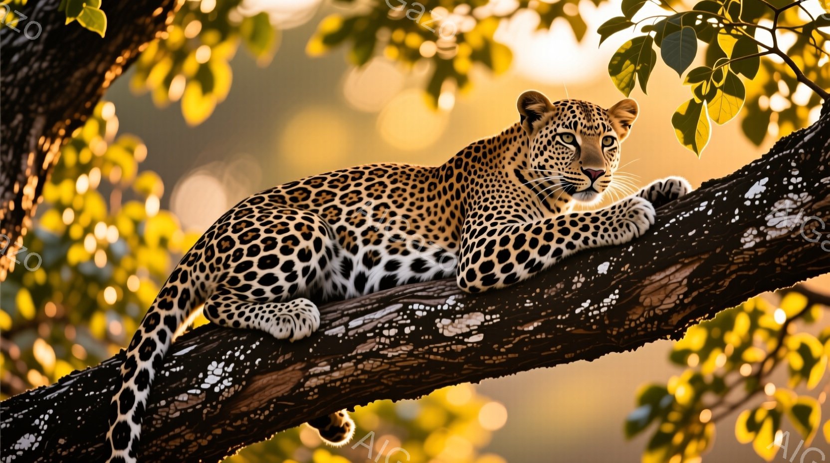 ヒョウが太い木の枝に横たわっており、まるで王座に座っているようだ。その毛並みは鮮やかな黄と黒の斑点で覆われ、リラックスした表情で遠くを見つめている。背景は夕焼けのような暖色系の光に包まれ、葉っぱがキラキラと輝き、穏やかで安らかな雰囲気を醸し出している。