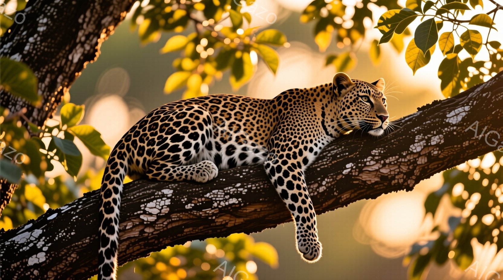 木の枝に横たわるヒョウが写っている。その毛並みは特徴的な斑点で覆われ、リラックスした様子で遠くを見つめている。背景には黄金色の夕日が差し込み、葉が生い茂る木々と相まって、穏やかで自然な雰囲気を醸し出し - AI生成フリー素材