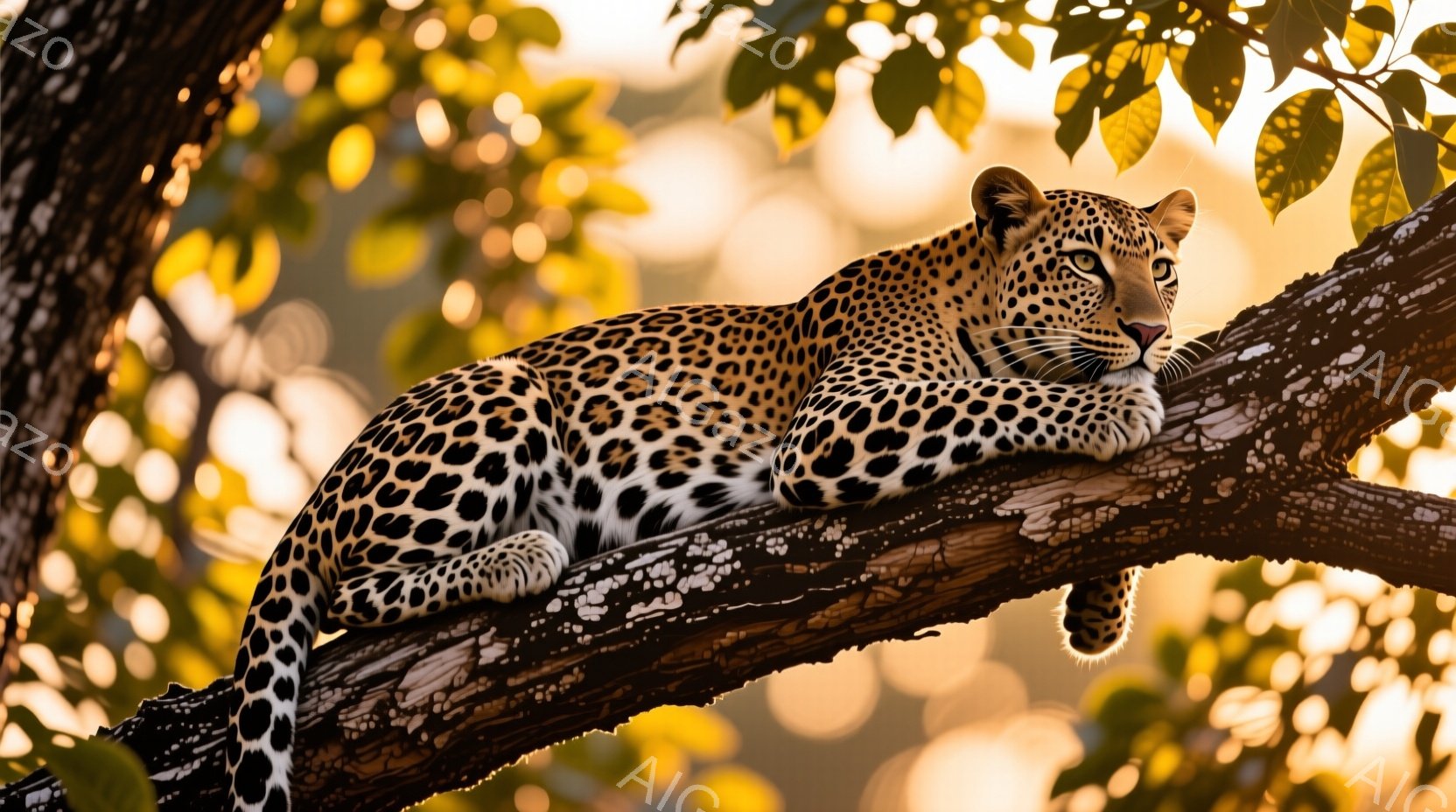 鮮やかな夕日の光が差し込む木の上に、ヒョウが横たわっています。その毛並みは濃い茶色と黒のまだら模様で覆われ、リラックスした表情で遠くを見つめています。背景にはぼやけた緑の葉が広がり、穏やかで自然な雰囲気を醸し出しています。