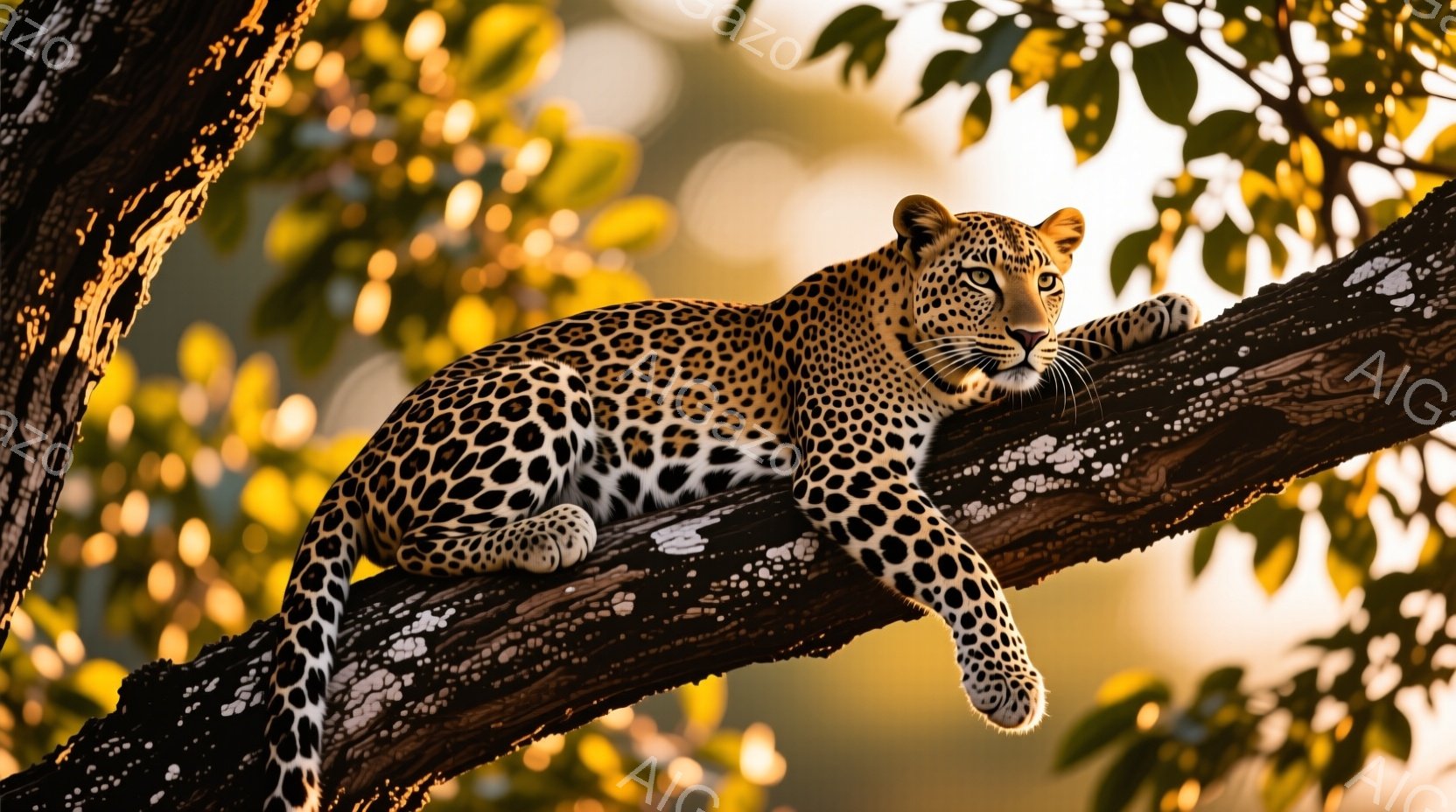 ヒョウが太い木の枝にうつ伏せで横たわっており、片足をだらんと垂らしています。その毛並みは特徴的な斑点で覆われ、顔はリラックスした表情で、遠くを見つめています。背景には緑豊かな木々と、柔らかい光が差し込む穏やかな自然が広がっており、平和で静かな雰囲気が漂っています。