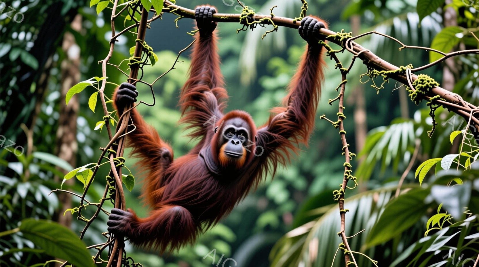 オランウータンが木の枝にぶら下がっている様子が捉えられています。その毛並みは赤茶色で、枝にしっかりと掴み、やや下を見つめる表情は穏やかです。背景には緑豊かな熱帯雨林が広がり、生命力に満ちた自然の雰囲気が漂っています。