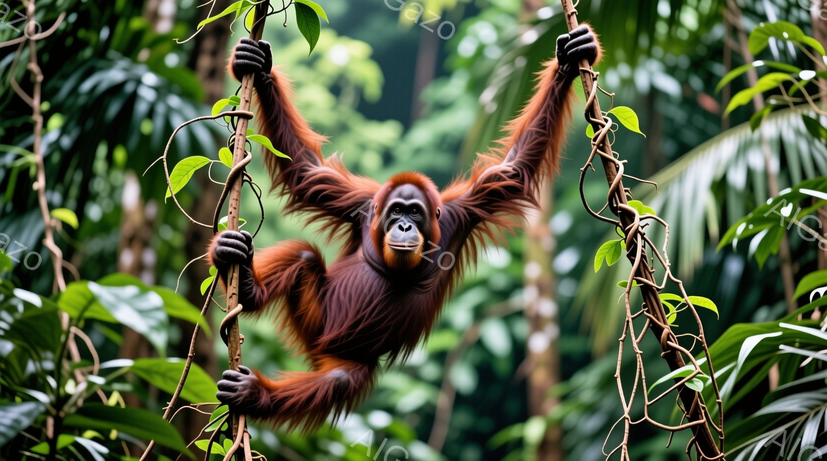 オランウータンが木の枝にぶら下がっており、その表情はカメラに向かって少し驚いた様子を見せています。周囲は緑豊かな熱帯雨林で、様々な種類の葉やつる植物が密集しており、湿度の高いジャングルの雰囲気が伝わってきます。全体的に鮮やかな緑とオレンジ色が印象的で、野生動物の自然な姿を捉えた一枚です。