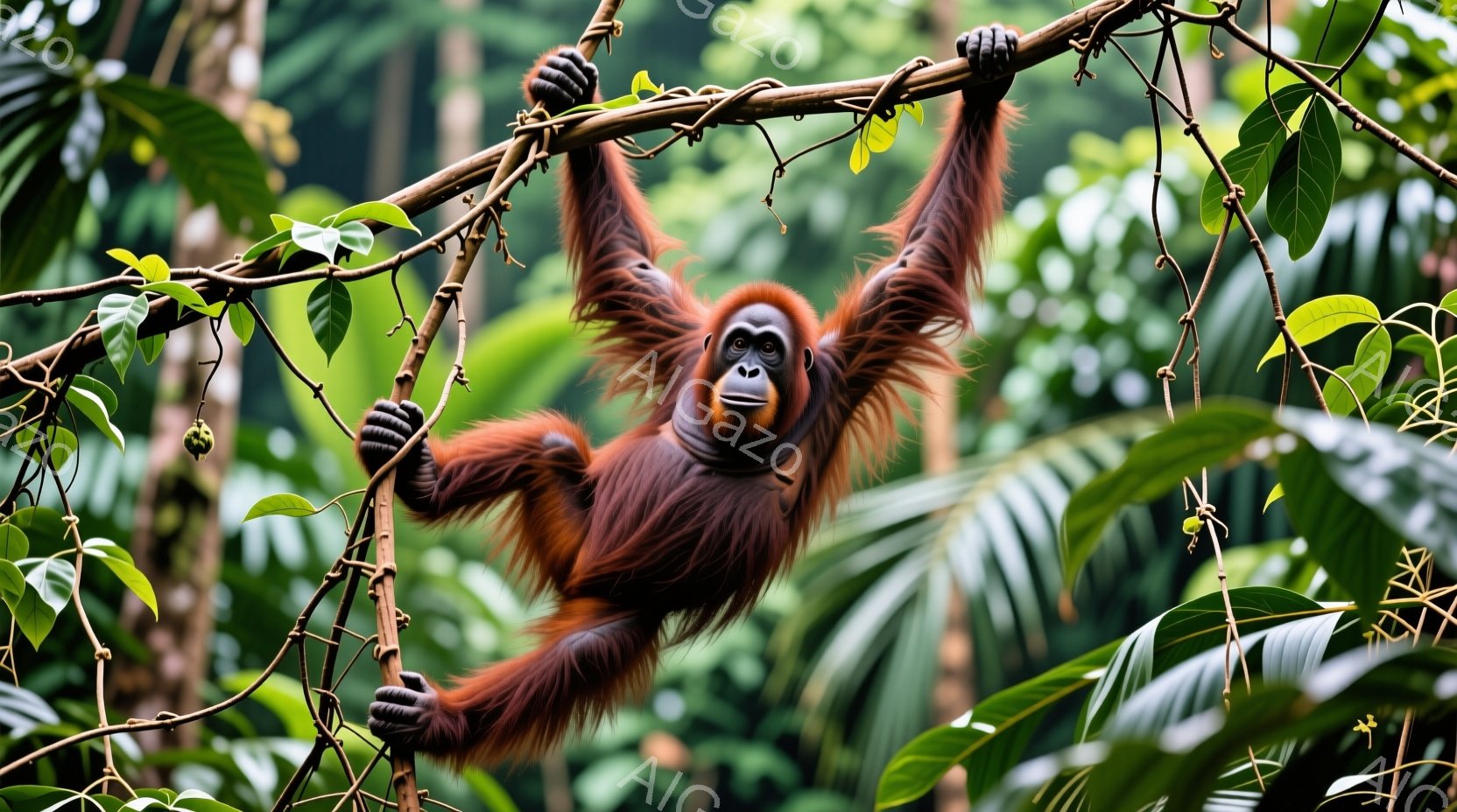 オランウータンが木の枝にぶら下がっている様子が写されています。毛並みは赤茶色で、腕を広げて体を支え、少し下を見ている表情は穏やかです。背景には緑豊かな熱帯雨林が広がり、葉の緑と光のコントラストが鮮やかで、自然な雰囲気を醸し出しています。