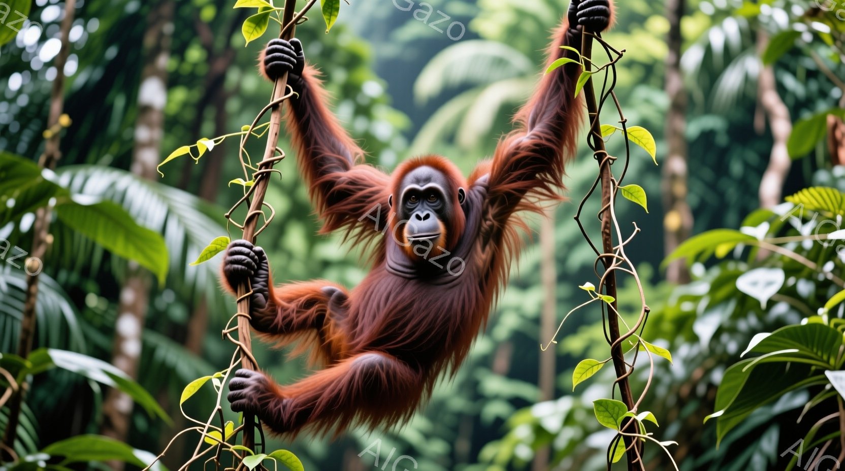 オランウータンが木の枝にぶら下がっており、両手でしっかりと掴んでいます。毛並みは赤茶色で、身体全体が枝に沿って伸びており、リラックスした様子が伺えます。背景は緑豊かな熱帯雨林で、様々な植物が生い茂り、湿った大気を感じさせます。