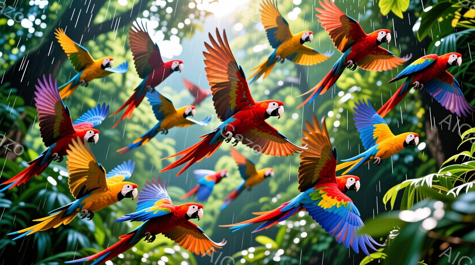 色とりどりのコンゴウインコが、緑豊かな熱帯雨林の中で飛び交っている様子が描かれています。雨粒が降り注ぎ、太陽光が葉の間から差し込み、鮮やかな色彩と光のコントラストが印象的です。活気に満ちた熱帯の雰囲気が伝わってきます。