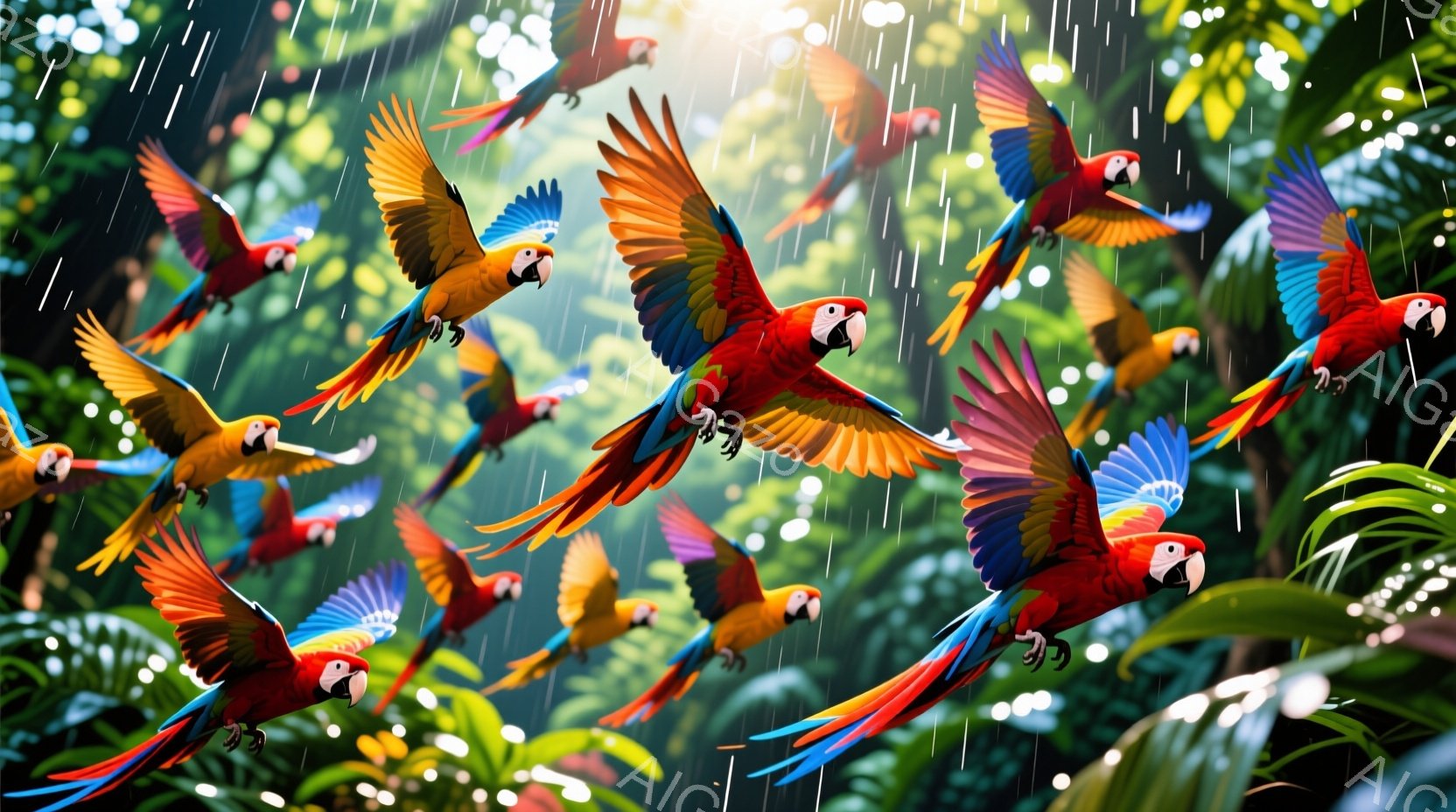カラフルなコンゴウインコが緑豊かな熱帯雨林の中で群れをなして飛んでいます。雨が降り注ぎ、葉っぱは濡れて輝き、インコたちは翼を広げ、鮮やかな色彩が背景の緑と対照的です。全体として、活気がありエキゾチック - AI生成フリー素材