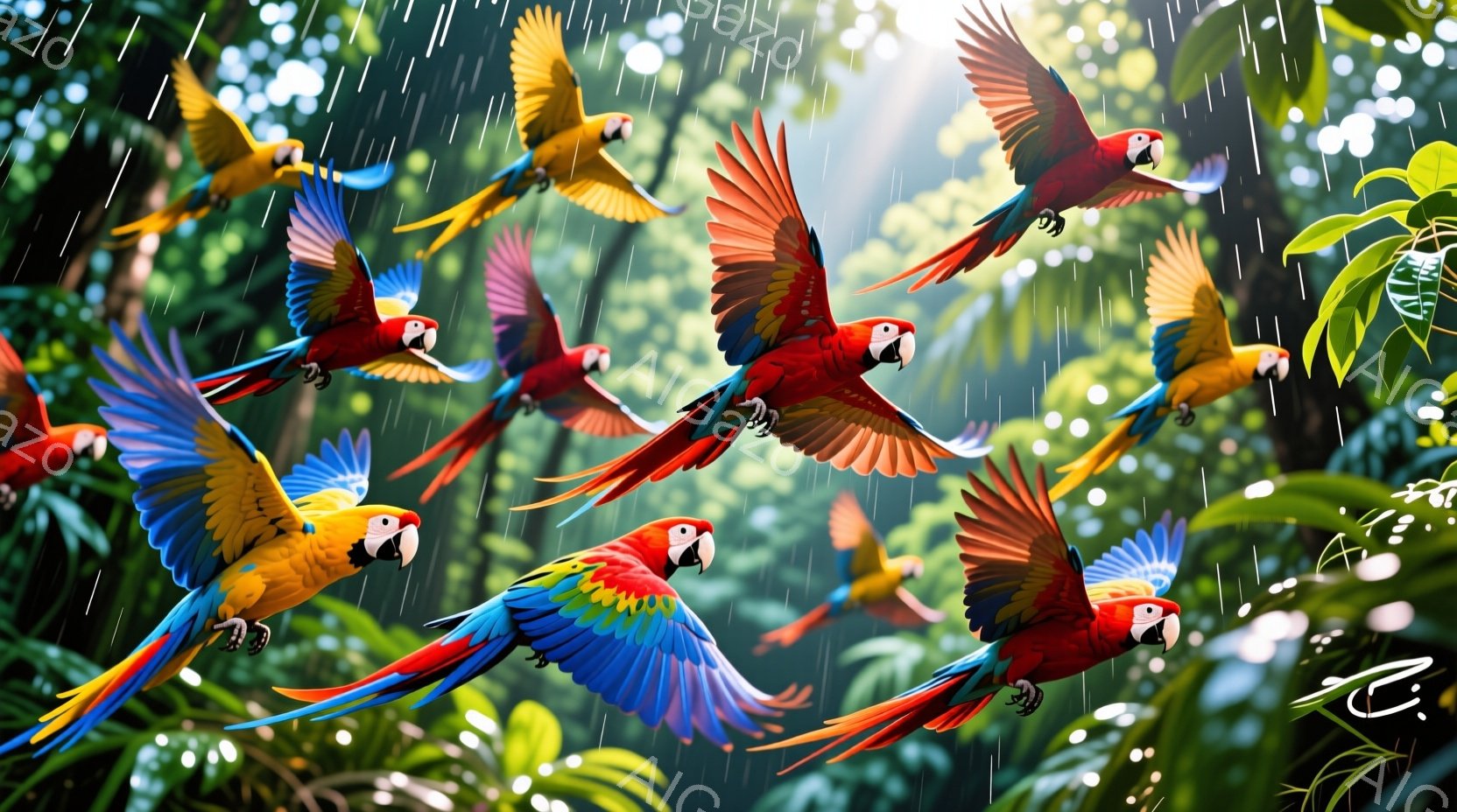 熱帯雨林の中で、鮮やかな色のコンゴウインコたちが群れをなして飛んでいます。雨が降り注ぎ、緑豊かな葉の背景と太陽光がコンゴウインコたちの羽を照らし、活気に満ちた様子を描き出しています。コンゴウインコたちは翼を広げ、躍動感あふれる姿で、自然の美しさを際立たせています。