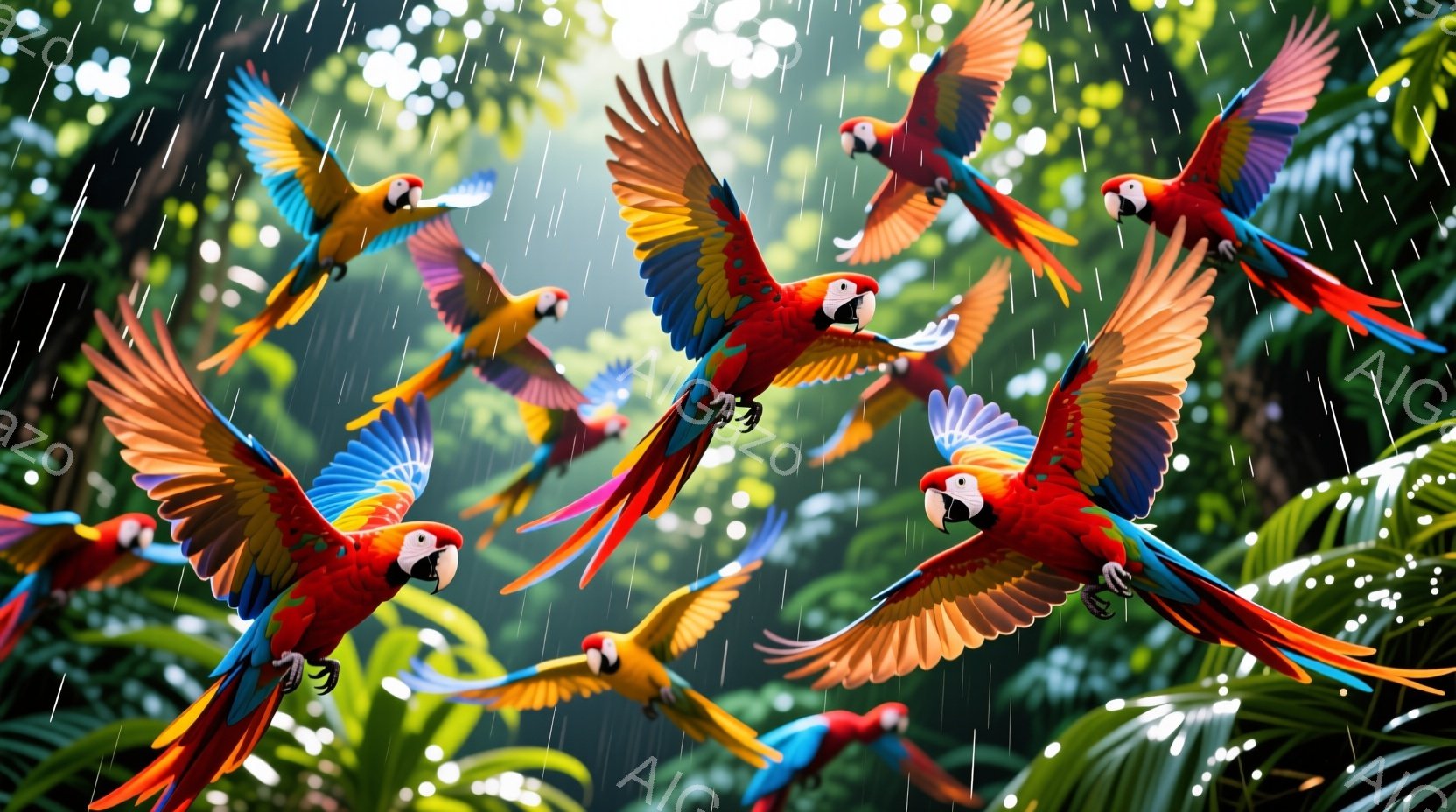 鮮やかな色のコンゴウインコたちが、緑豊かな熱帯雨林の中で舞い上がっている様子が描かれています。雨が降り注ぎ、葉は雨粒で輝き、背景は深い緑色で、生き生きとした色彩が際立っています。全体的に、躍動感と自然の活気に満ちた、幻想的な雰囲気が漂っています。