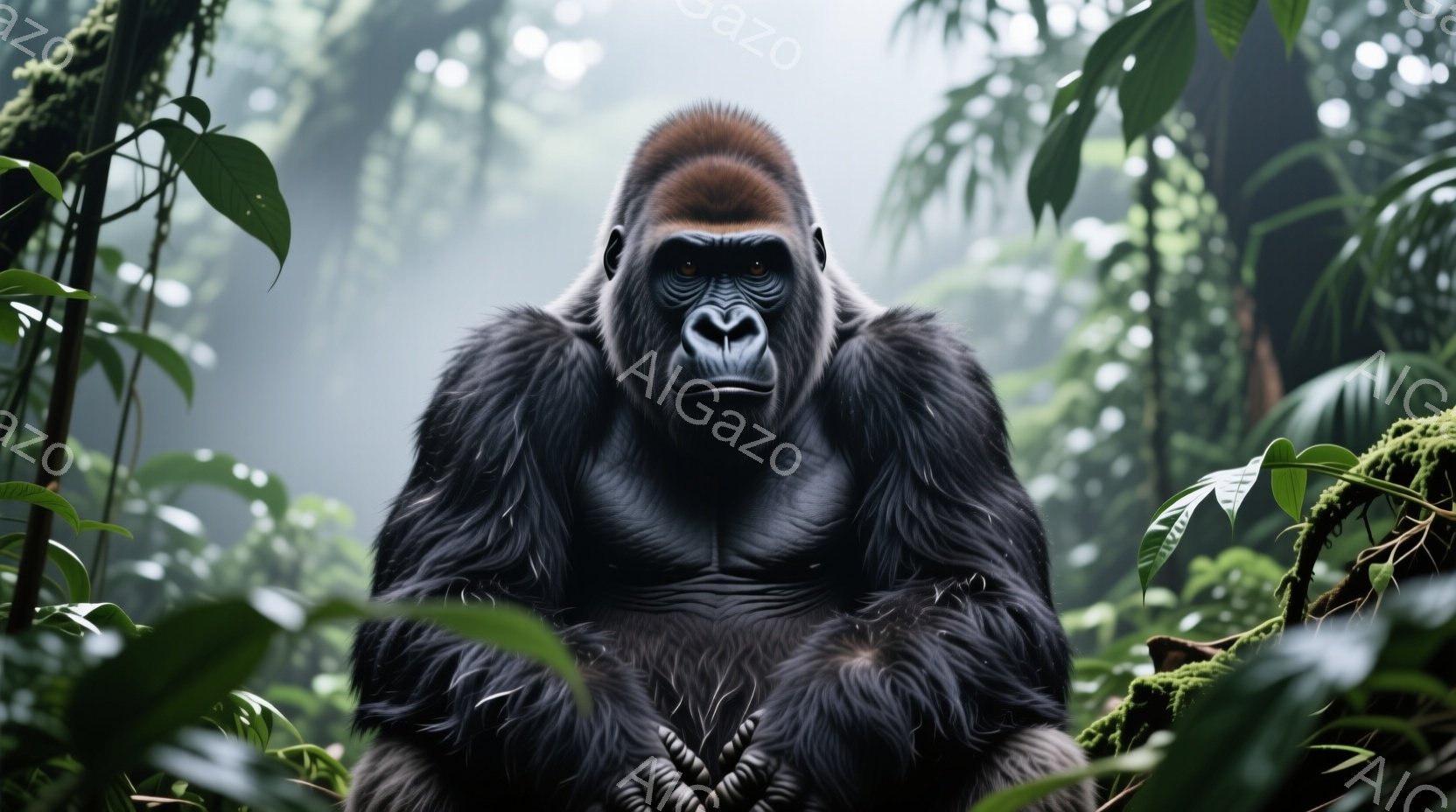 巨大なゴリラが画面中央で正面を向いて座っており、力強い存在感を放っています。その表情は厳かで、少し物憂げな様子がうかがえます。背景は緑豊かな熱帯雨林で、葉が生い茂り、湿った空気が漂うような雰囲気です。