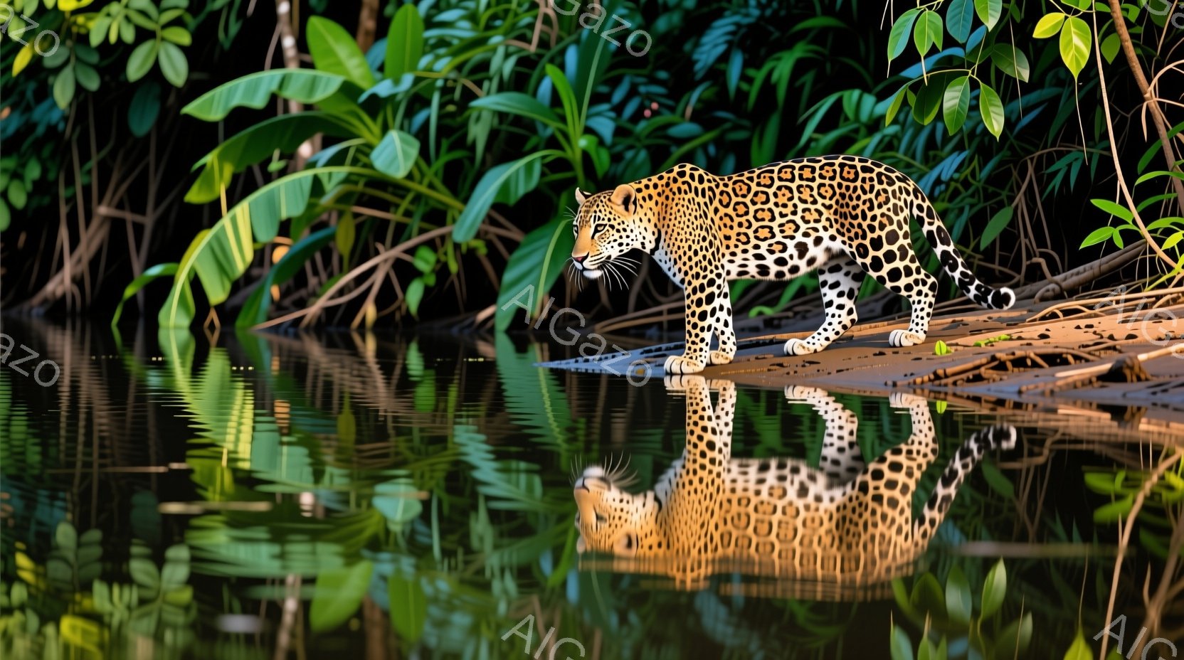 ジャガーが水辺の泥の上に立っており、その姿が水面に鮮明に映り込んでいる。周囲は緑豊かな熱帯雨林に囲まれ、水辺には根や植物が絡み合い、自然の静けさと神秘的な雰囲気を醸し出している。黄金色の夕日の光がジャ - AI生成フリー素材