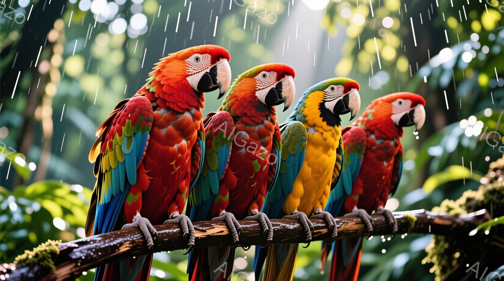鮮やかな色のコンゴウインコが4羽、枝の上に並んで座っています。雨が降り注ぎ、葉っぱも濡れており、背景は緑豊かな熱帯雨林です。鳥たちは同じ方向を見ており、静かで穏やかな雰囲気が漂っています。