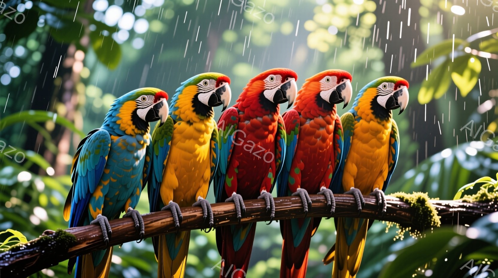 鮮やかな色のコンゴウインコが四羽、枝に並んで座っています。雨が降り注ぐ緑豊かな熱帯雨林が背景にあり、湿った雰囲気が漂っています。鳥たちは前を向き、それぞれ異なる鮮やかな色合いで、生命力に満ち溢れています。