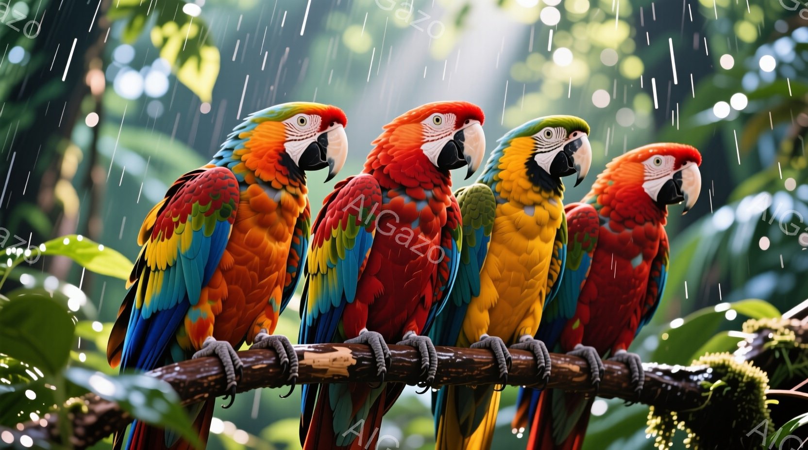 鮮やかな色のコンゴウインコが4羽、太い木の枝に肩を並べて座っている。雨粒が降り注ぐ緑豊かな背景には、さまざまな葉が茂り、湿った雰囲気を醸し出している。鳥たちは少し前かがみになり、注意深く見つめているような表情をしている。