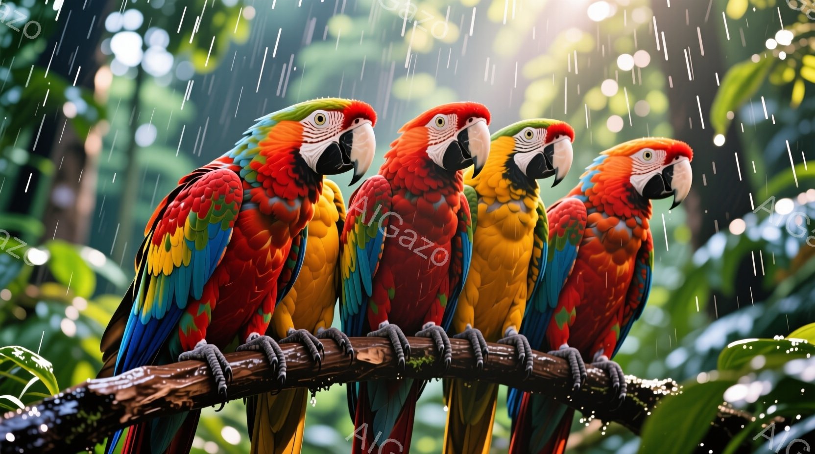 鮮やかな色のコンゴウインコが、枝に並んで座っている様子が写っている。背景には緑豊かな熱帯雨林が広がり、雨が降っているのがわかる。鳥たちは互いに向き合い、静かに雨宿りしているような、平和で穏やかな雰囲気を醸し出している。