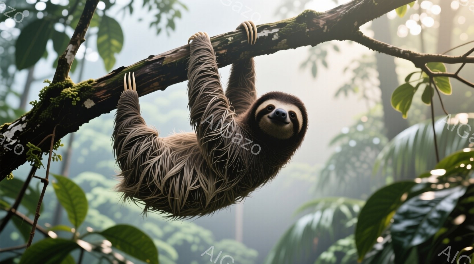 南米の密林を背景に、ナマケモノが木の枝にぶら下がっている様子が捉えられています。その毛並みは茶色と白のコントラストが美しく、少し微笑んでいるような表情が可愛らしいです。背景は緑豊かな植物で覆われ、霧がかった光の中で静かで穏やかな雰囲気が漂っています。