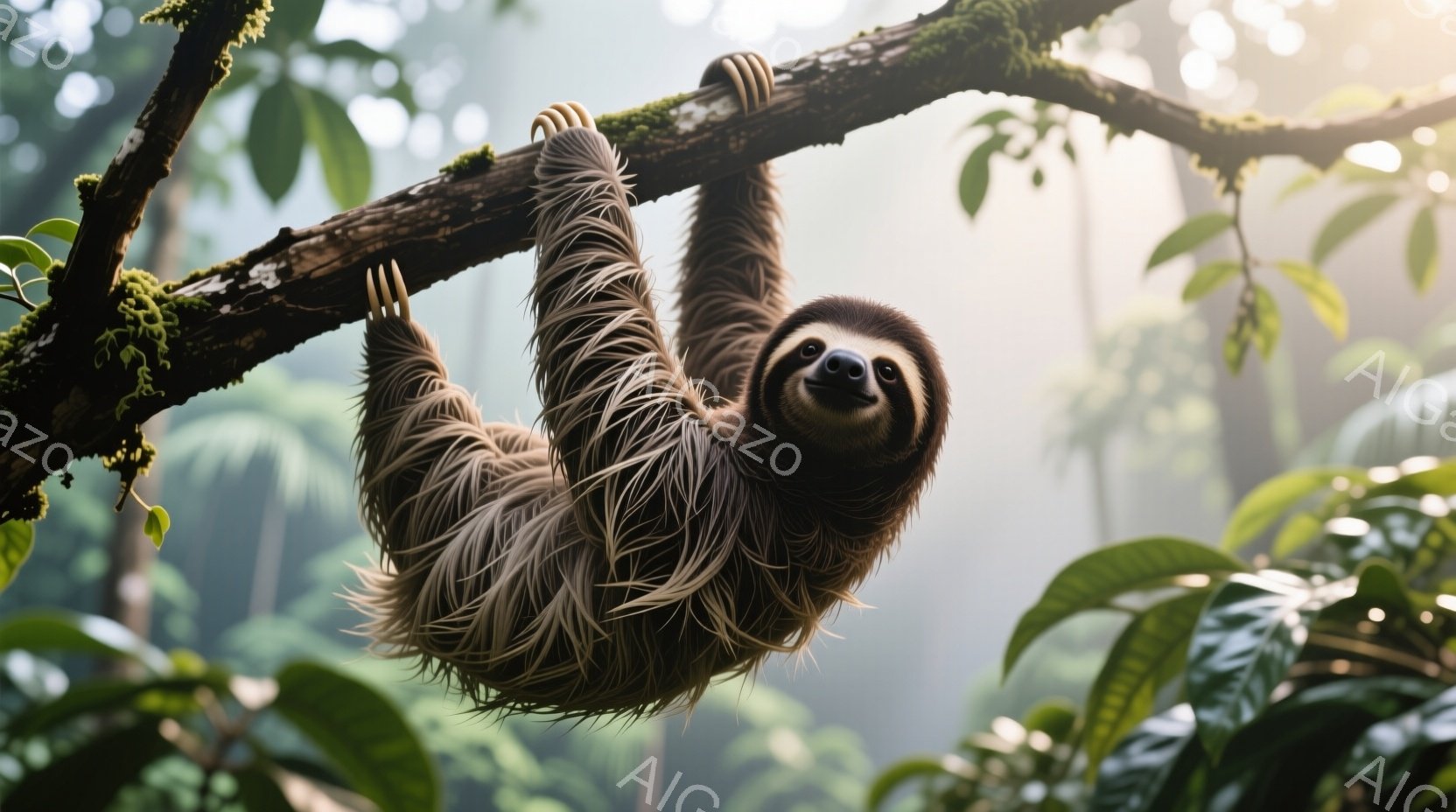ナマケモノが木の枝にぶら下がっている様子が捉えられています。その毛並みは茶色と白が混ざり合い、まるで光を受けて輝いているかのようです。背景には緑豊かな熱帯雨林が広がり、柔らかい光が差し込み、穏やかで平 - AI生成フリー素材