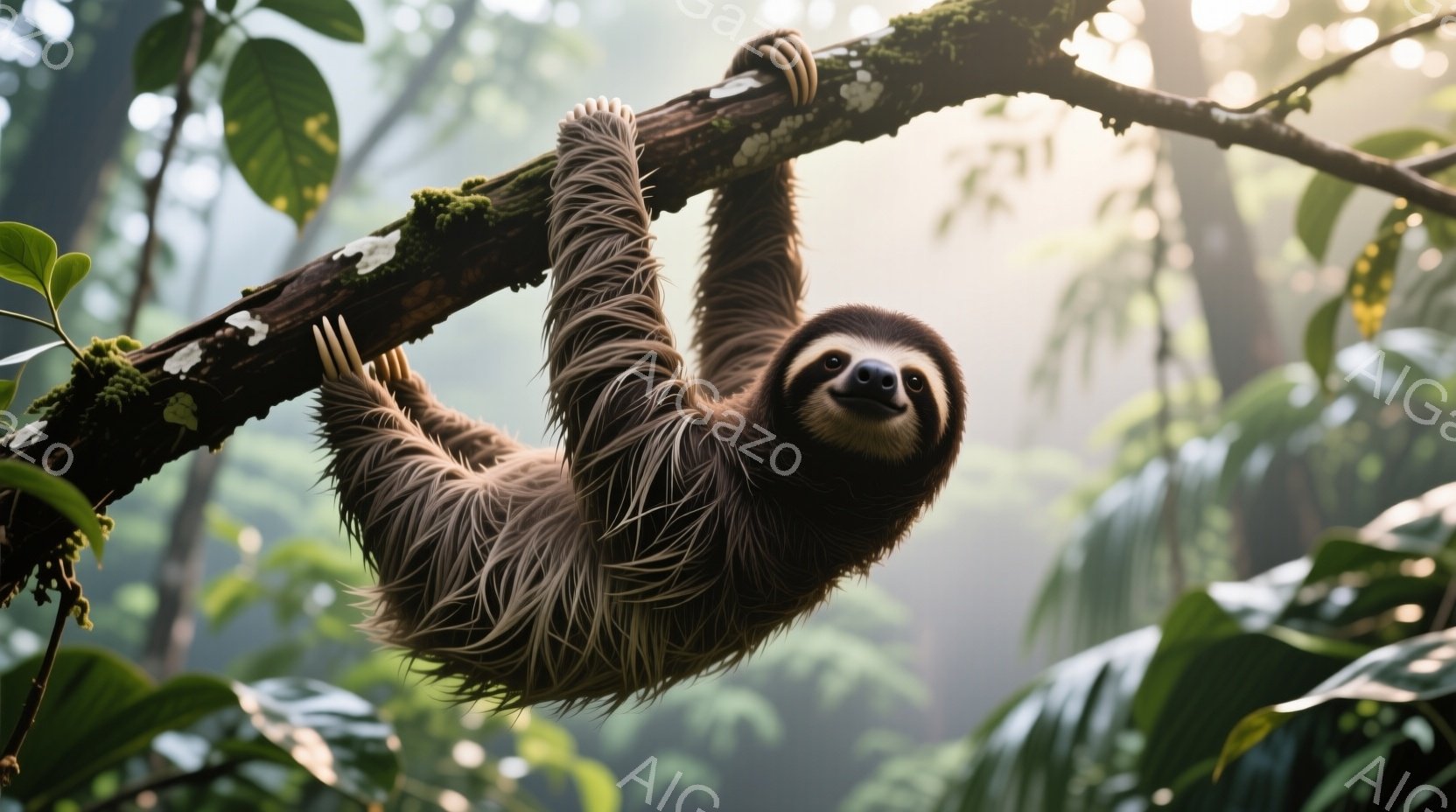 ナマケモノが木の枝にぶら下がっている様子が写っています。その表情は穏やかで、まるで微笑んでいるように見え、毛並みは茶色と白のコントラストが美しく、自然な雰囲気を醸し出しています。背景には緑豊かな熱帯雨 - AI生成フリー素材