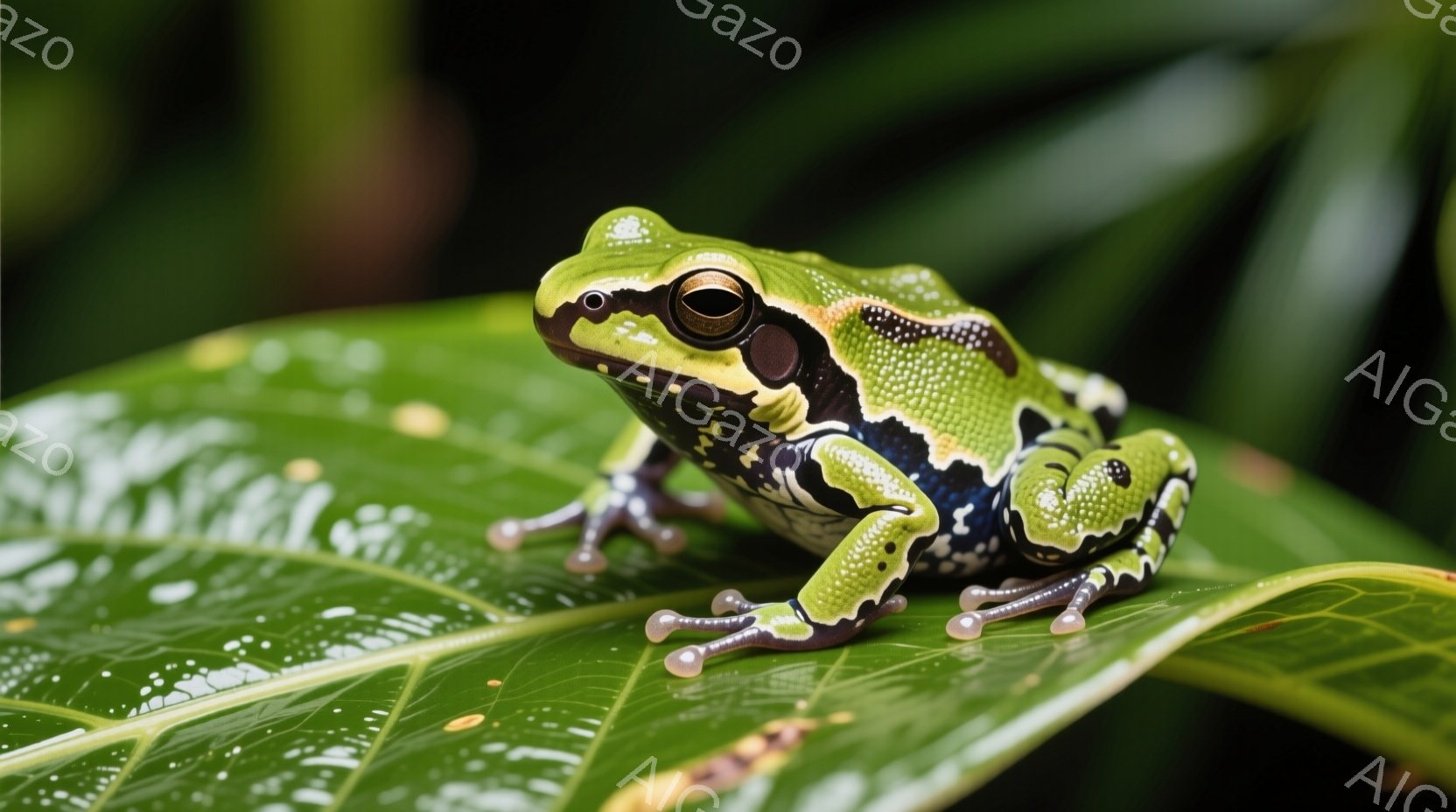 鮮やかな緑色の葉の上に、美しい模様のカエルがとまっています。カエルの体は、明るい緑色と黒色の縞模様で覆われ、足は白と黒のコントラストが印象的です。背景は深い緑色で、葉の上に水滴が見られ、しっとりとした熱帯雨林の雰囲気が漂っています。