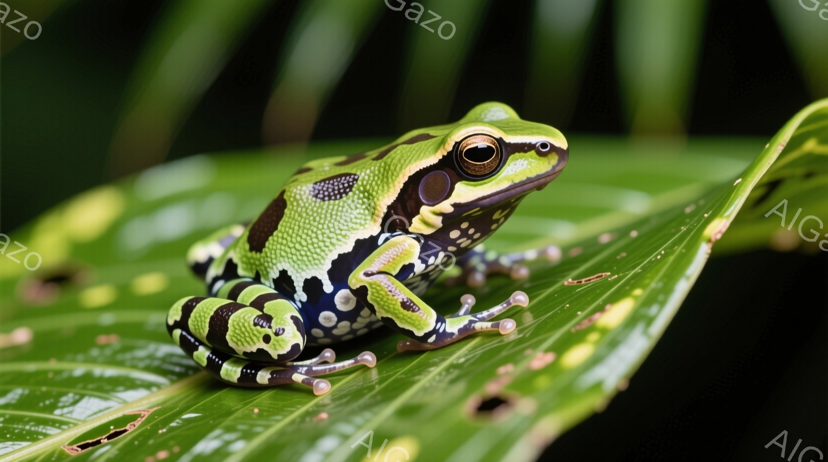 鮮やかな緑色の小さなカエルが、緑色の大きな葉の上に座っています。カエルの体には黒い縞模様と青い斑点があり、その目は金色で光っています。背景は濃い緑の葉っぱで、葉には小さな穴がいくつかあり、熱帯雨林の自然な雰囲気を醸し出しています。
