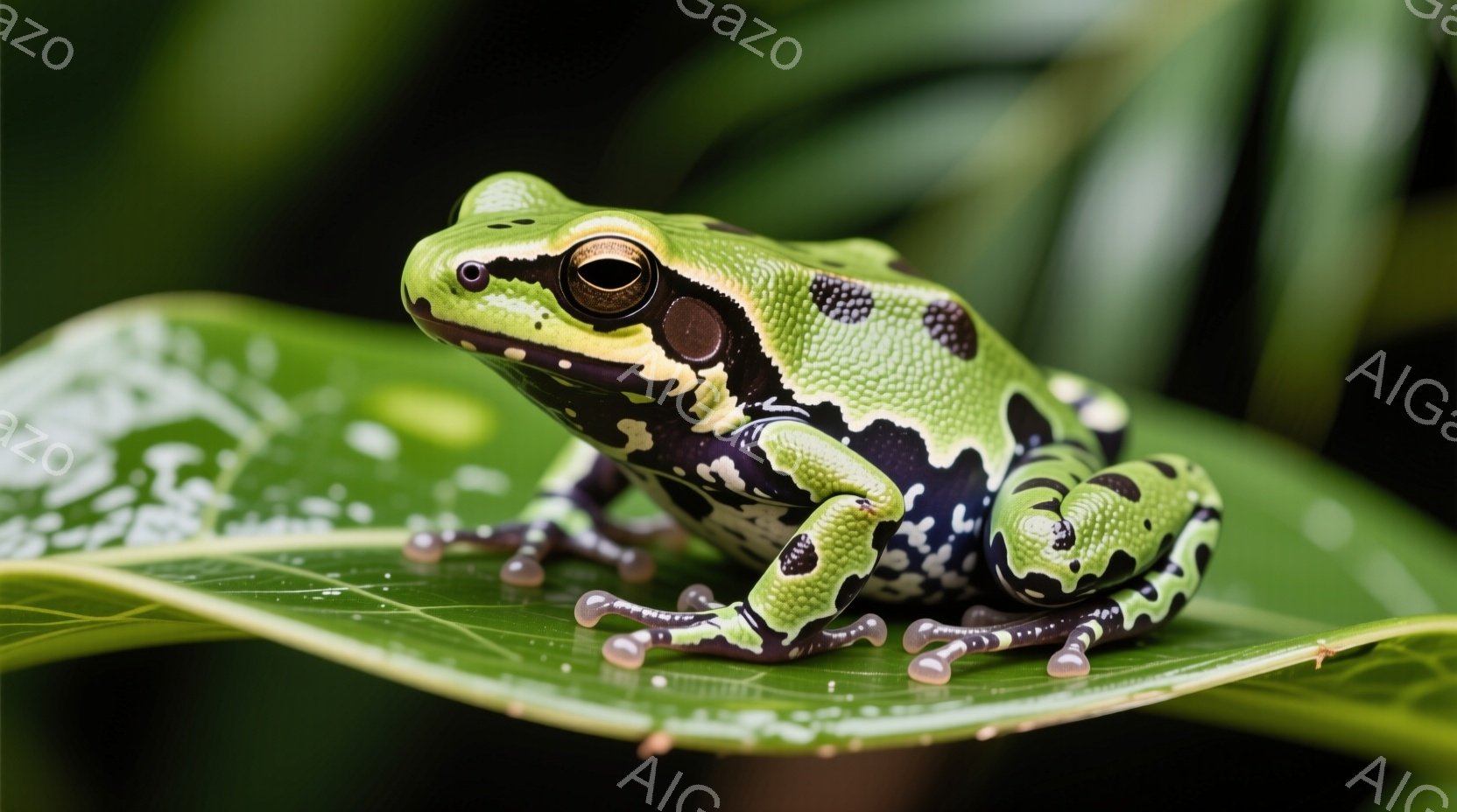 鮮やかな緑色の小さなカエルが、光沢のある緑色の葉の上に座っています。カエルは黒い斑点模様を持ち、大きな黒い瞳が印象的です。背景にはぼやけた緑色の葉や茎が見え、自然の中で生き生きとした雰囲気を醸し出して - AI生成フリー素材
