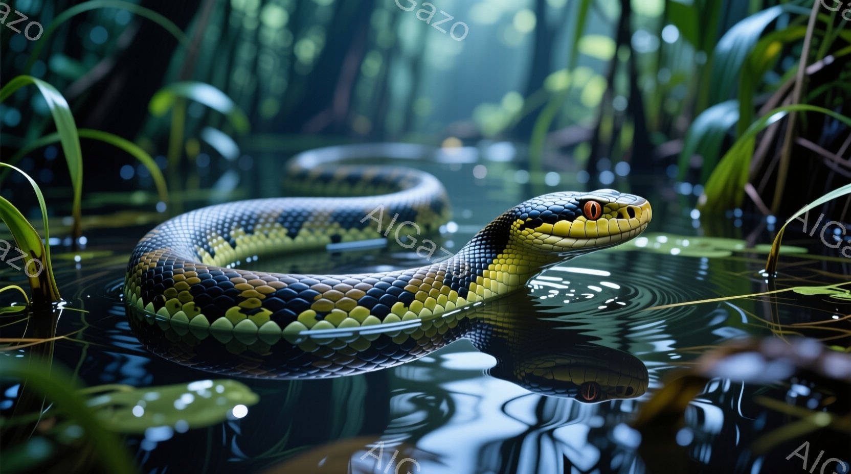 黒と黄色の縞模様を持つ大きな蛇が水面に浮かび、顔をわずかに上げてこちらを見ている。周囲には緑豊かな水生植物が生い茂り、水面に蛇の鮮やかな反射が見られる。 全体的に湿ったジャングルを思わせる、静かで神秘的な雰囲気が漂っている。