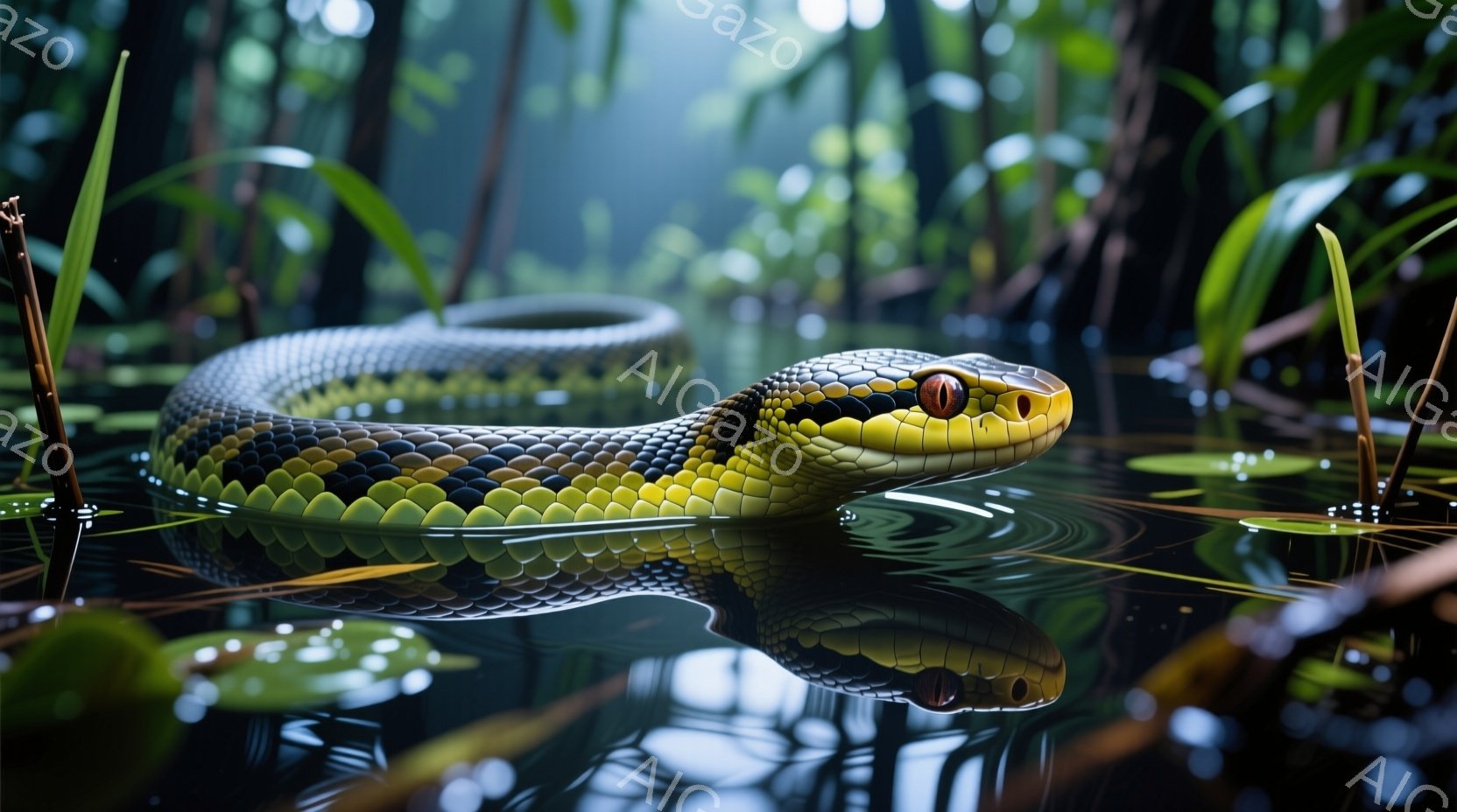 鮮やかな黄緑と黒の模様を持つ蛇が、水面に浮かび、頭を少し上げてこちらを見ている。水面には蛇の鮮やかな反射が映り込み、周囲には緑豊かな水生植物が生い茂り、湿地帯の静かな雰囲気を醸し出している。 全体的に、濃い緑と水の黒が中心で、蛇の鮮やかな色彩が際立つ、自然の神秘的な光景である。