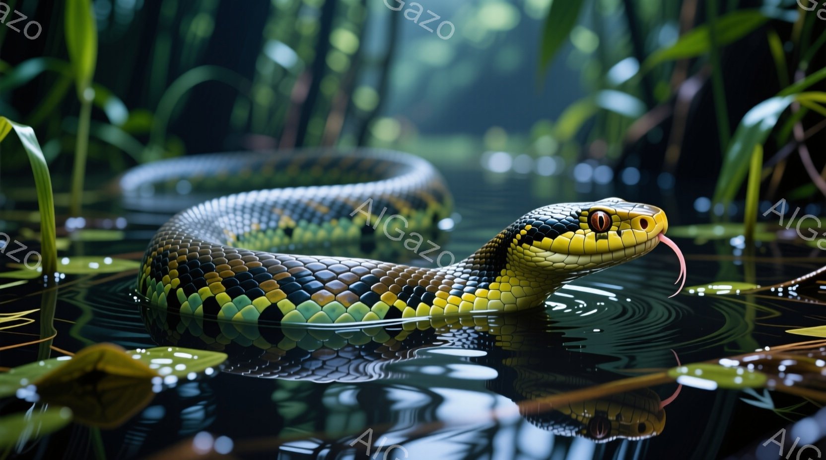 水面に浮かぶ鮮やかな模様の蛇を捉えています。蛇は舌を出し、周囲を探索しているようで、その目は鋭く、わずかに威圧感を漂わせています。背景には緑豊かな植物が茂り、水面には光が反射し、静かで神秘的な雰囲気を - AI生成フリー素材