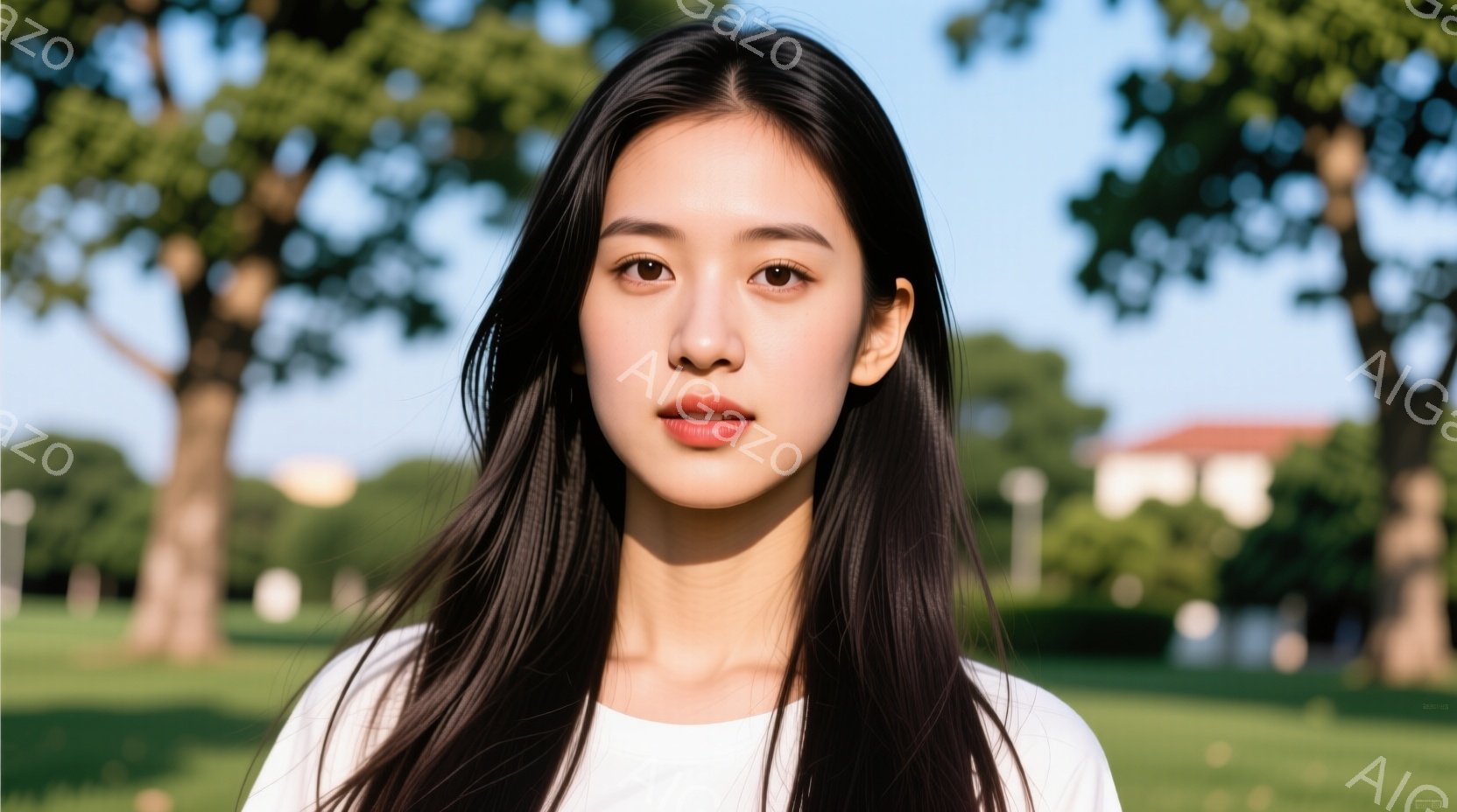 長い黒髪を肩から下で自然に垂らした若い女性が写っている。白いシンプルなTシャツを着ており、穏やかでわずかに微笑んだ表情をしている。背景には緑豊かな芝生と木々、そしてぼんやりとした建物のシルエットが見え - AI生成フリー素材