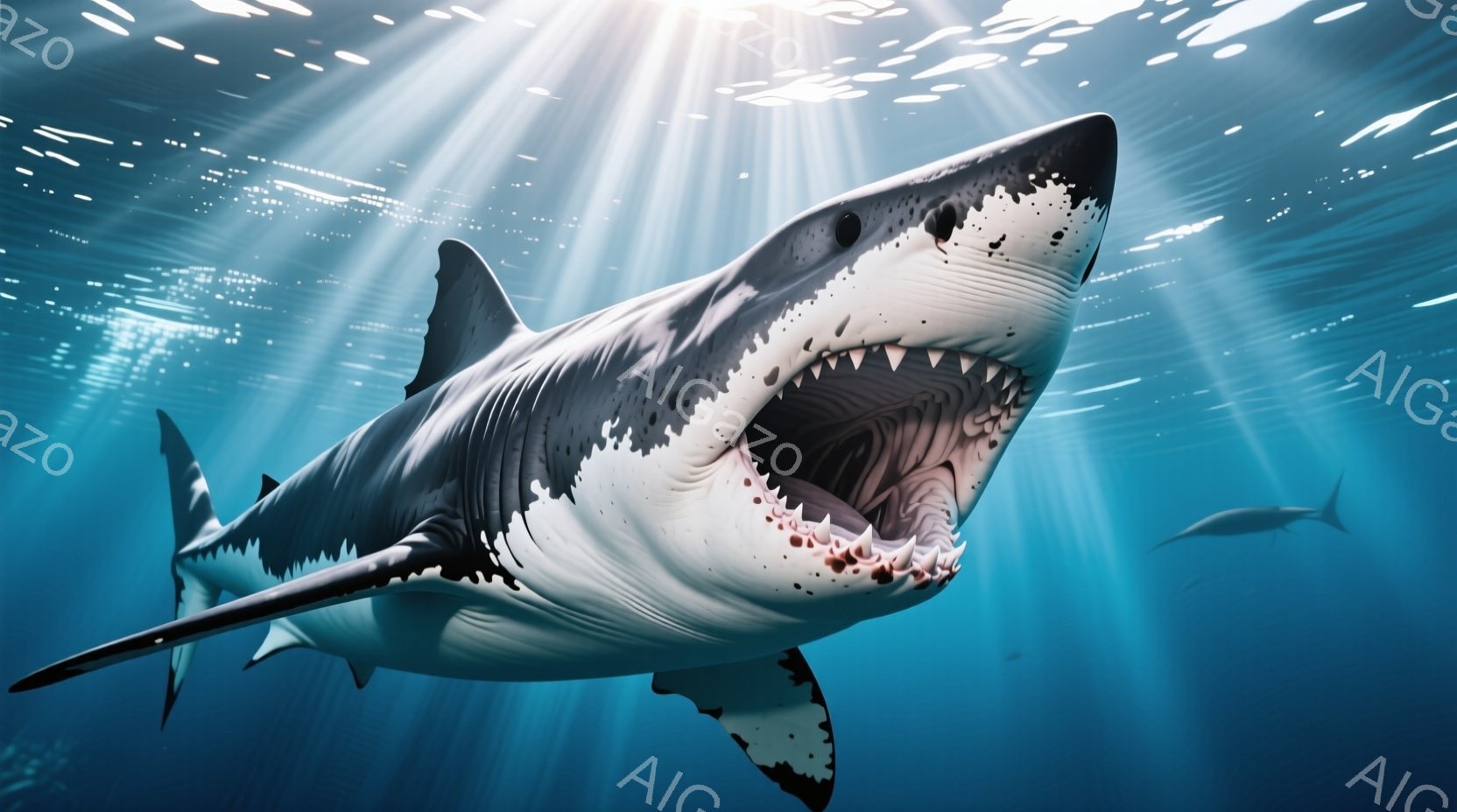 巨大なホホジロザメが、口を大きく開けてこちらを向いており、鋭い歯がはっきりと見える。背景は青く、水中に差し込む光線がドラマチックな雰囲気を醸し出しており、遠くには別の小さなサメが泳いでいる。全体的に、海の深海における捕食者の力強さと神秘性を感じさせる一枚である。
