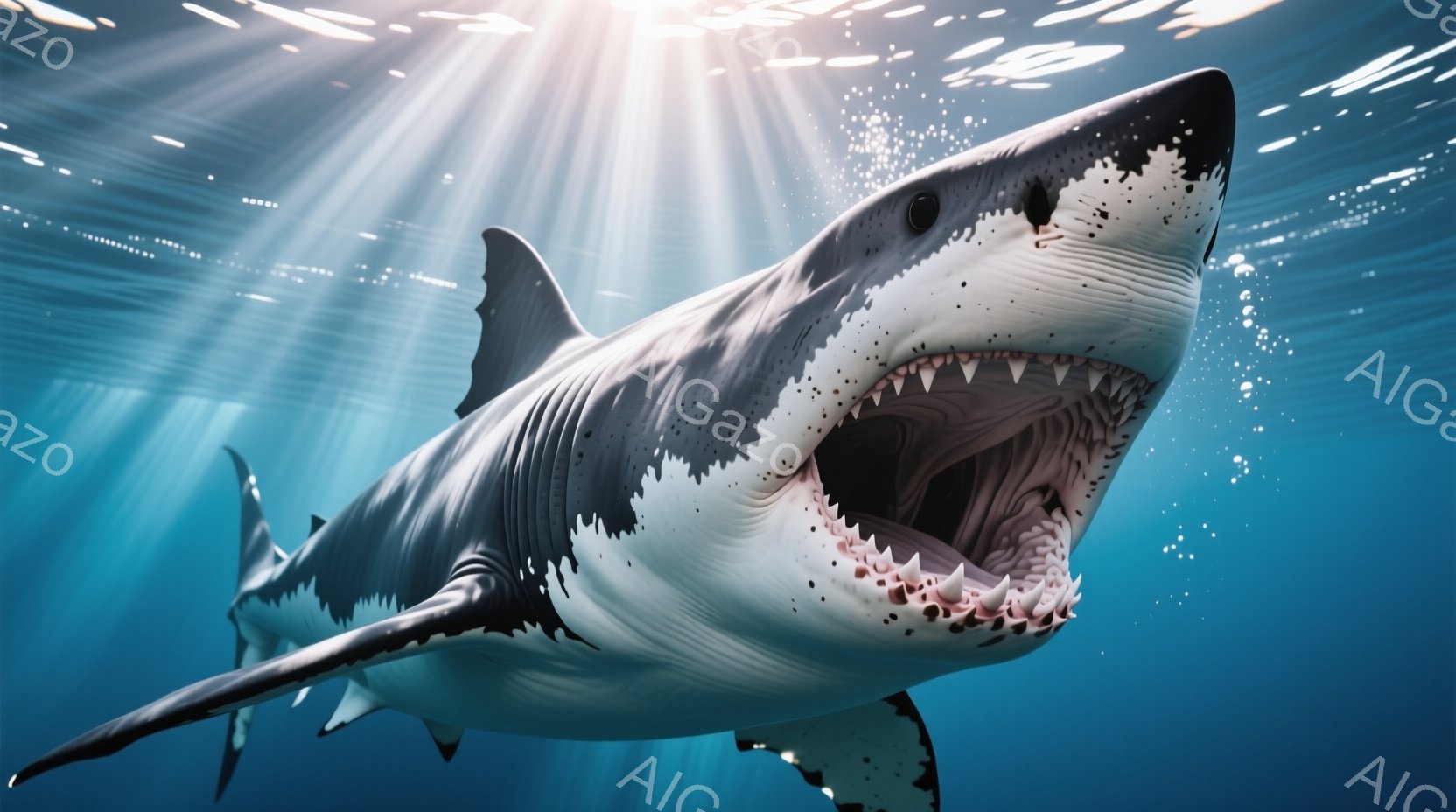 巨大なホホジロザメが、口を大きく開けてカメラに向かって泳いでいる様子が捉えられています。青い海中を背景に、強い光線が差し込み、サメの白い腹部と灰色の上部が際立っています。全体的に、力強く、迫力のある、そして少し不気味な雰囲気が漂っています。