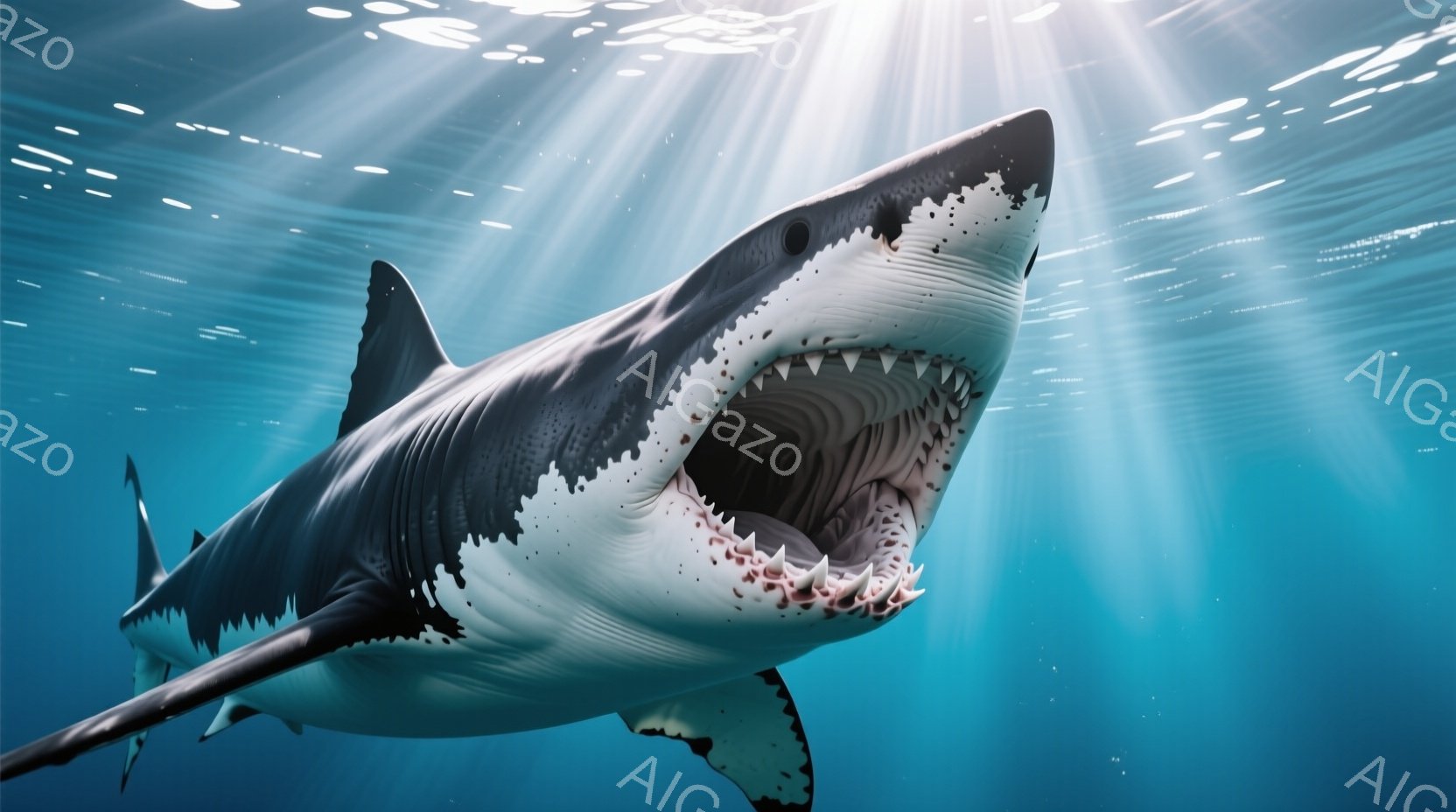 巨大なホホジロザメが、口を大きく開けてこちらを向いています。青い海中を背景に、太陽光線が差し込み、ドラマチックな雰囲気を醸し出しています。ザメの体は灰色と白のコントラストが強く、筋肉質な体格がよくわかります。