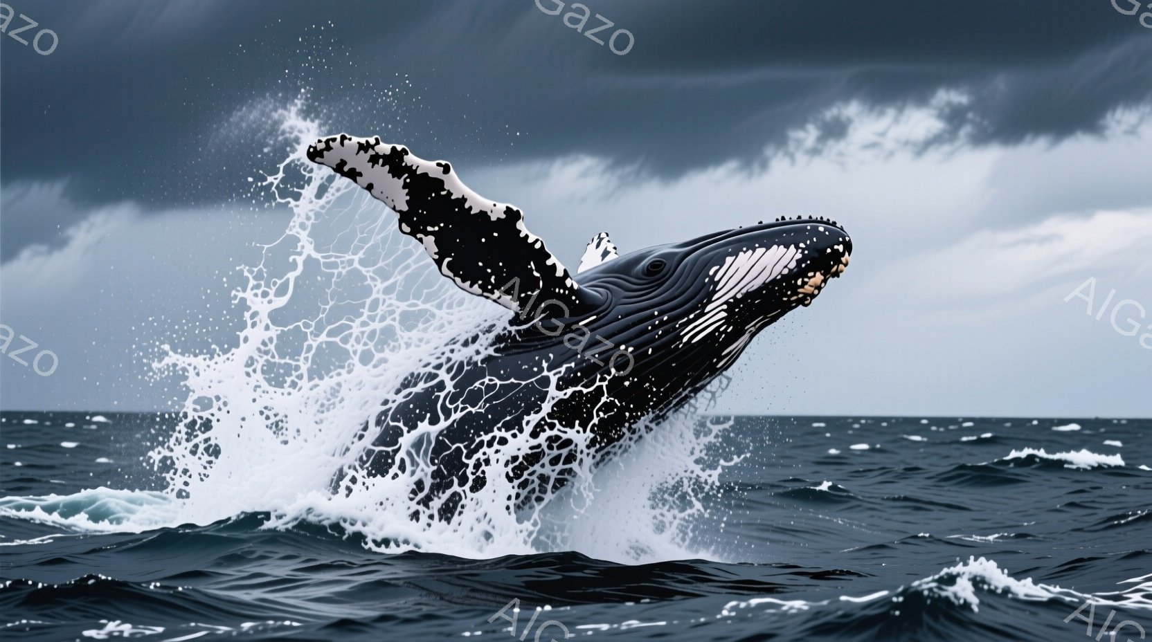 深い青色の海面から、巨大なザトウクジラが力強く飛び上がっている様子が捉えられています。水しぶきがクジラの黒い体に当たり、躍動感と生命力を強調しています。背景には暗雲が広がり、荒々しい海とクジラのダイナ - AI生成フリー素材
