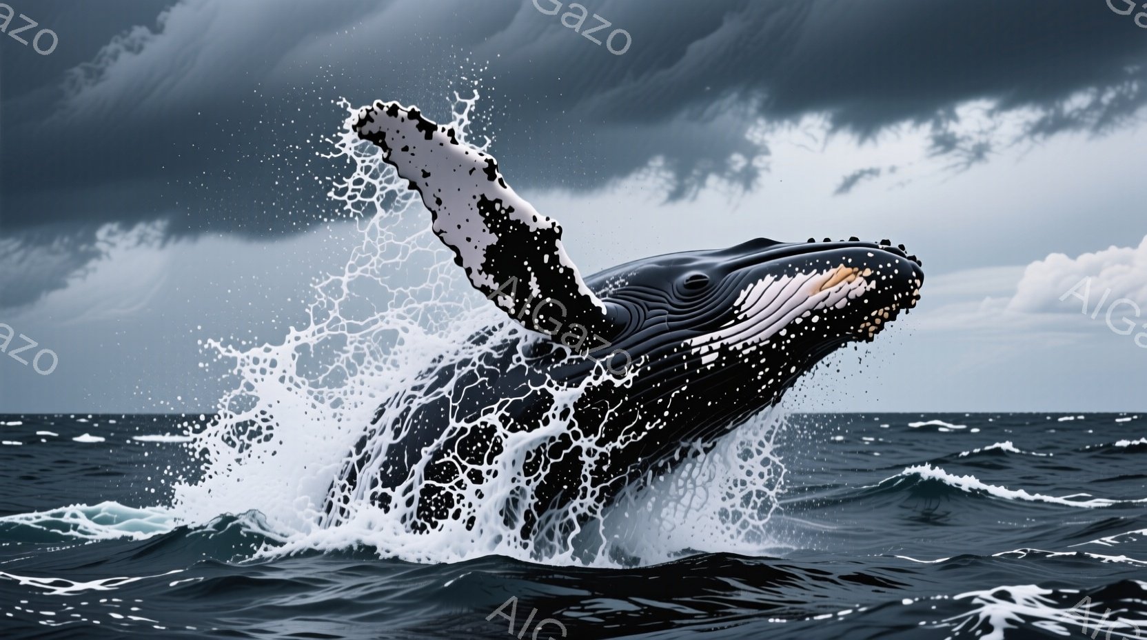 広大な海で、巨大なザトウクジラが水面から躍り出ている様子が捉えられています。黒と白のコントラストが美しい体躯は力強く、周囲に水しぶきを巻き上げながらダイナミックな姿勢を見せています。背景には暗い雲が広がり、荒々しい海の雰囲気とクジラの躍動感が強調されています。