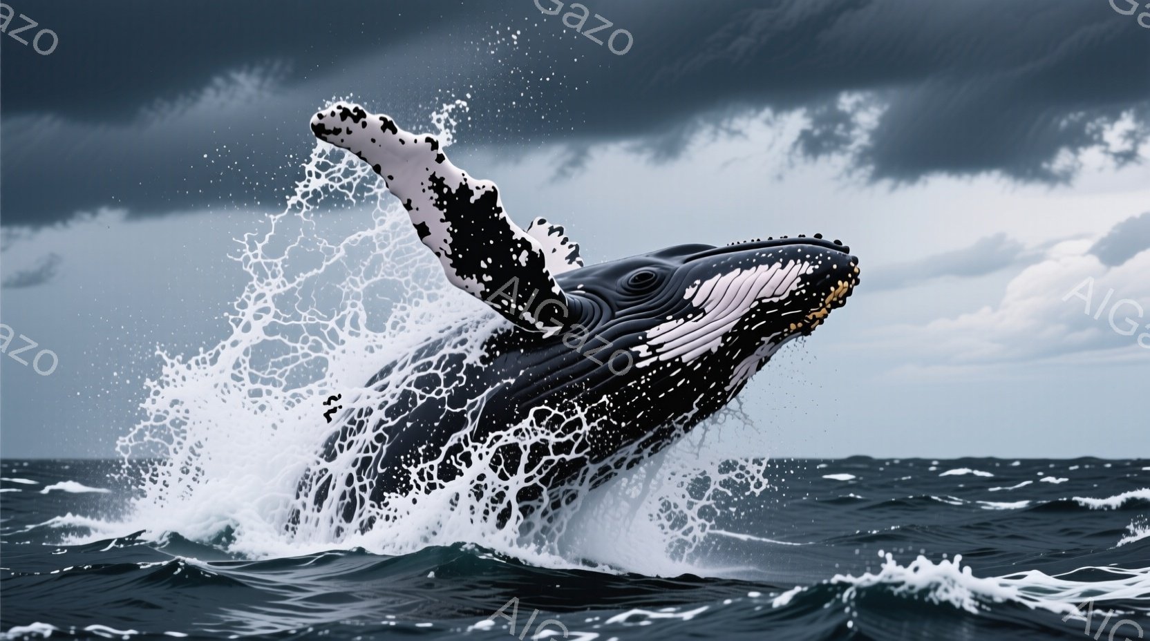 海中から巨大なコクッキュウクジラが飛び跳ねている様子が捉えられている。黒と白のコントラストが鮮やかな体は水しぶきを巻き上げ、躍動感に満ちている。背景には暗い雲が広がり、荒々しい海の雰囲気とクジラの力強 - AI生成フリー素材