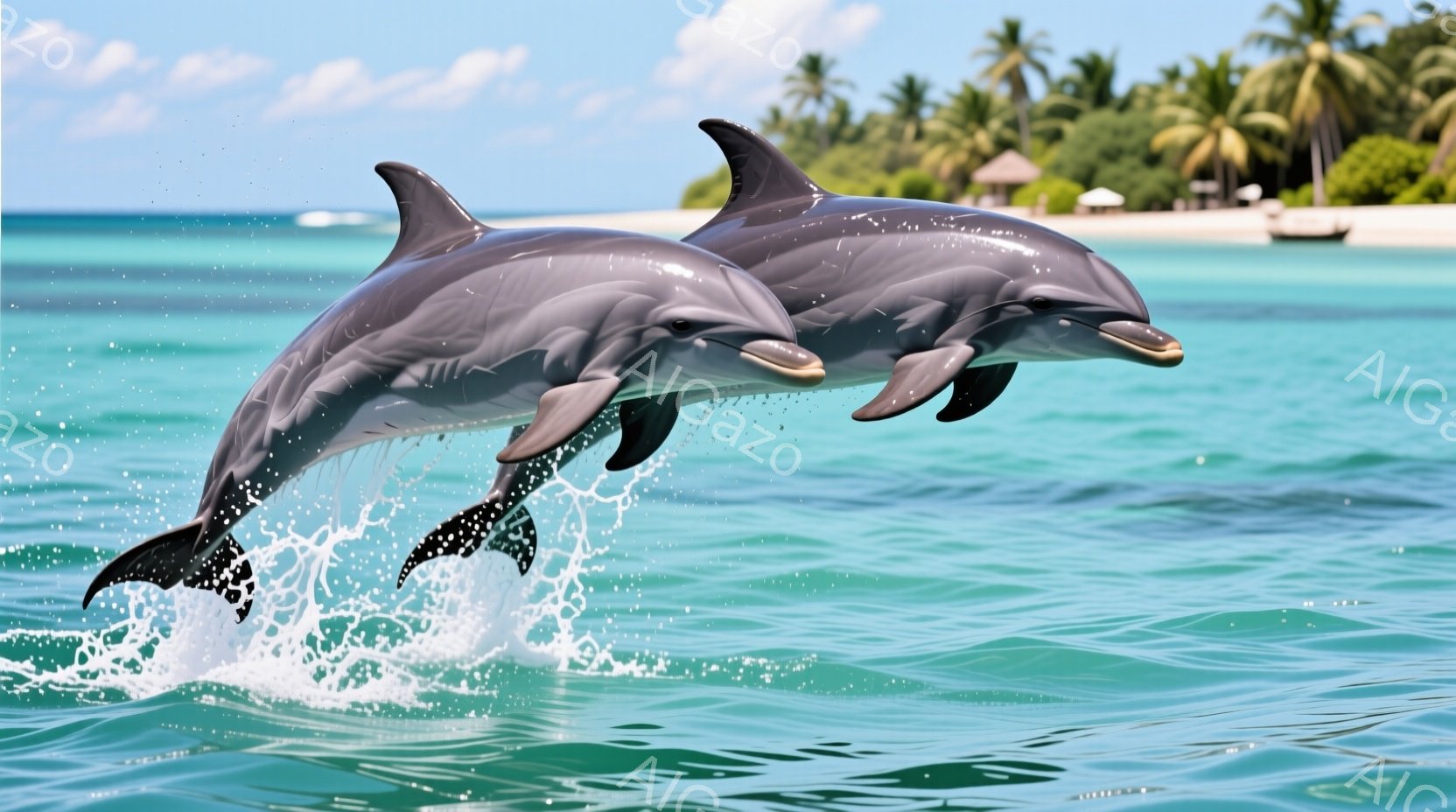 鮮やかなターコイズブルーの海中で、2匹のイルカが水面から飛び出している様子が捉えられています。イルカたちは体を大きく反らせており、生き生きとした躍動感に満ちています。背景には白い砂浜とヤシの木々が見え - AI生成フリー素材