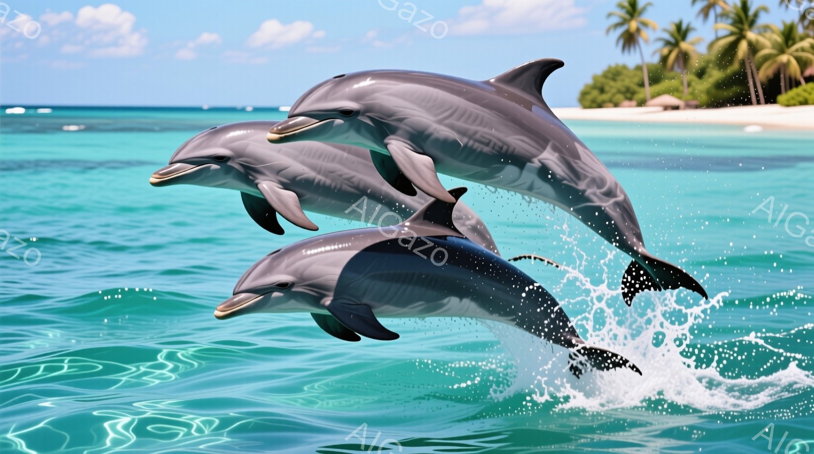 鮮やかなターコイズブルーの海で、3匹のイルカが躍動的に跳躍している様子が描かれています。イルカたちは口角を上げ、楽しげな表情で水を跳ね上げており、背景には白い砂浜とヤシの木々が広がっています。晴天で穏 - AI生成フリー素材
