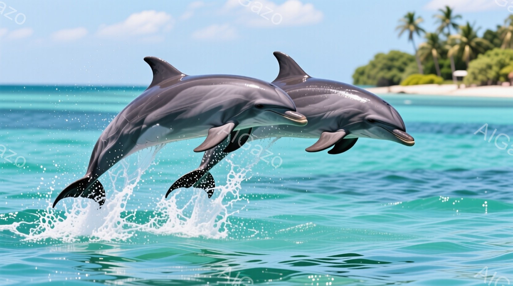 ターコイズブルーの海で2匹のイルカが飛び跳ねている様子が捉えられています。イルカは体を大きく反らせ、水しぶきを上げながら躍動感のあるポーズを見せています。背景には白い砂浜とヤシの木々が広がり、晴天の下 - AI生成フリー素材