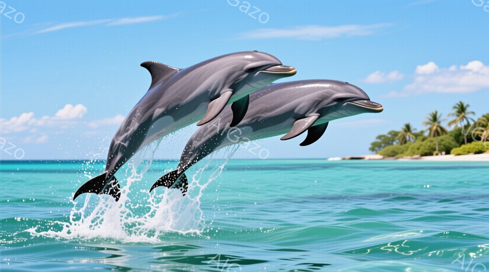 ターコイズブルーの海で、2匹のイルカが水面から跳躍している様子が捉えられています。片方のイルカは高く飛び上がり、もう片方は少し低い位置で、躍動感あふれる姿を見せています。背景には白い砂浜とヤシの木々が - AI生成フリー素材