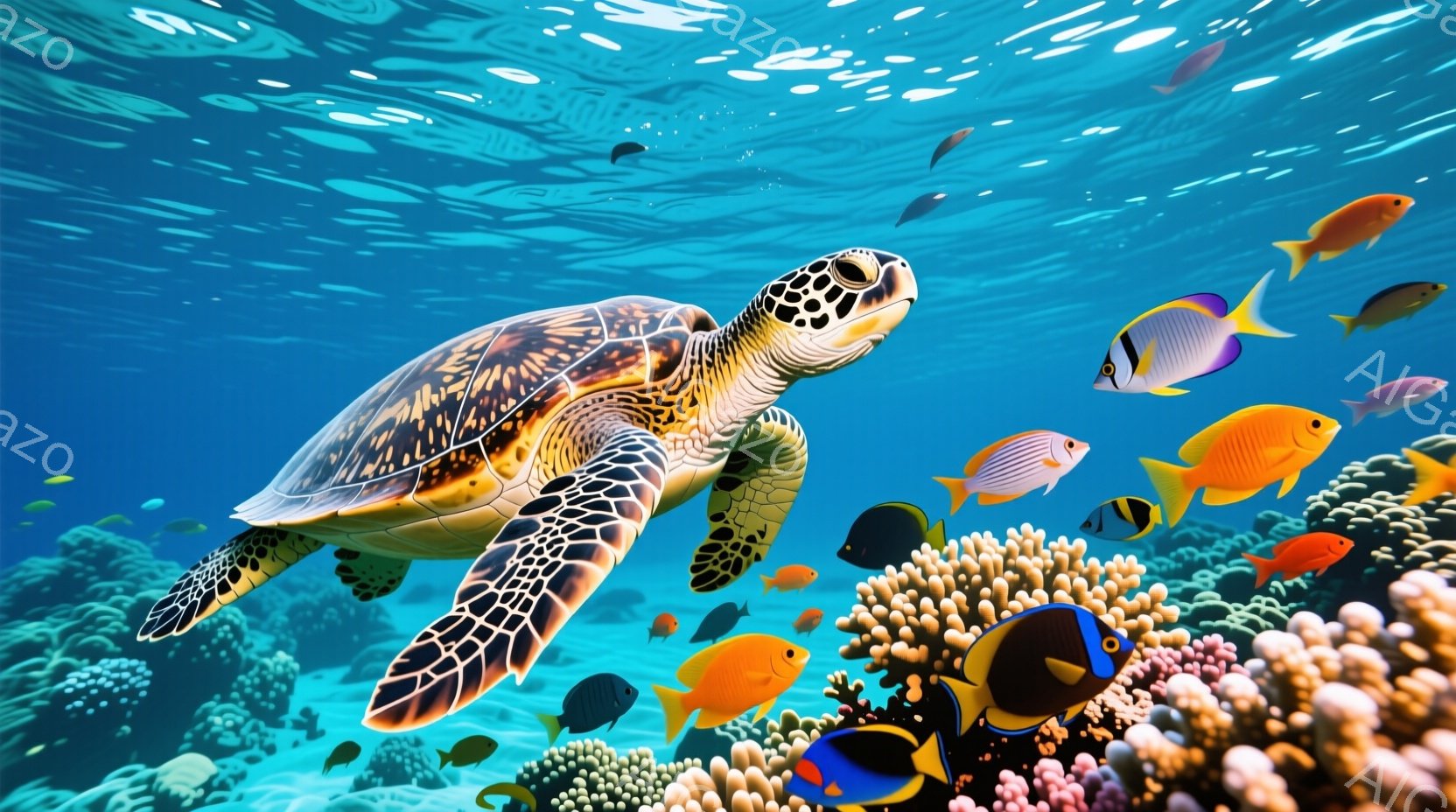鮮やかな青い海の中で、大きなウミガメが優雅に泳いでいる。周囲には色とりどりの熱帯魚たちが群れをなし、珊瑚礁が広がる美しい光景だ。水中の光が差し込み、全体的に穏やかで生命力あふれる雰囲気が漂っている。 - AI生成フリー素材
