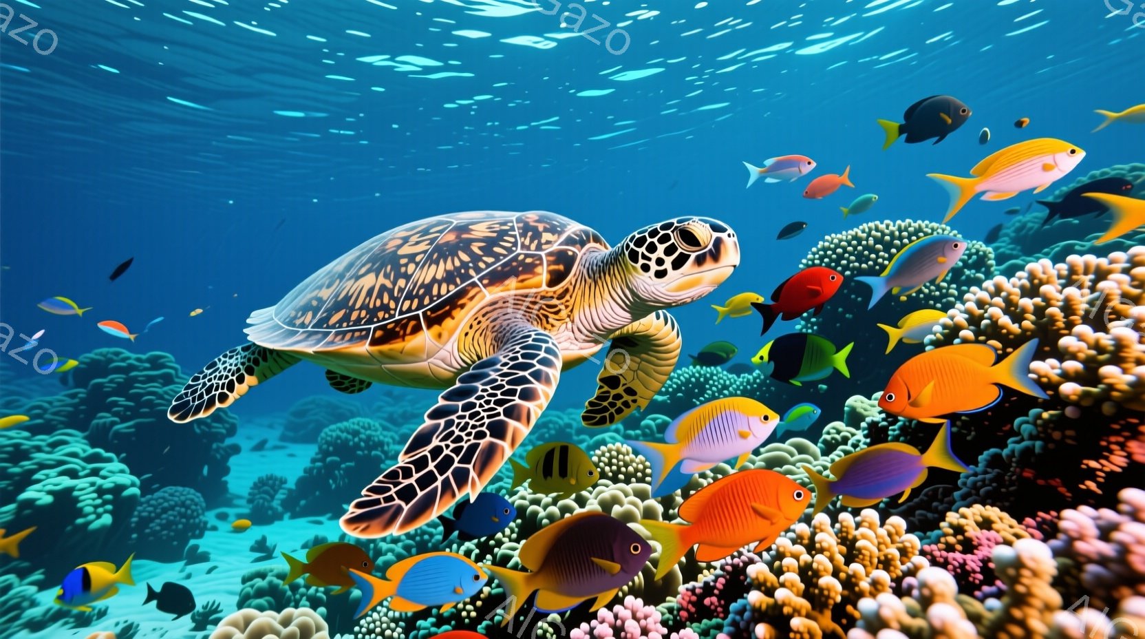 海中には、カラフルな魚たちがサンゴ礁の周りを泳いでいる様子が描かれています。ウミガメは右方向に泳ぎながら、穏やかな表情でこちらを見ているように見えます。背景は青く澄んだ海で、太陽の光が差し込み、生き生きとした雰囲気を作り出しています。