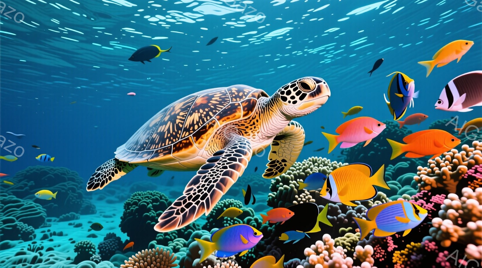 海中には大きなウミガメが泳ぎ、鮮やかな熱帯魚たちがその周りを群がっています。背景には、多様な種類のサンゴ礁が広がり、光が差し込んで幻想的な雰囲気を醸し出しています。全体的に、生命力にあふれ、穏やかで美 - AI生成フリー素材