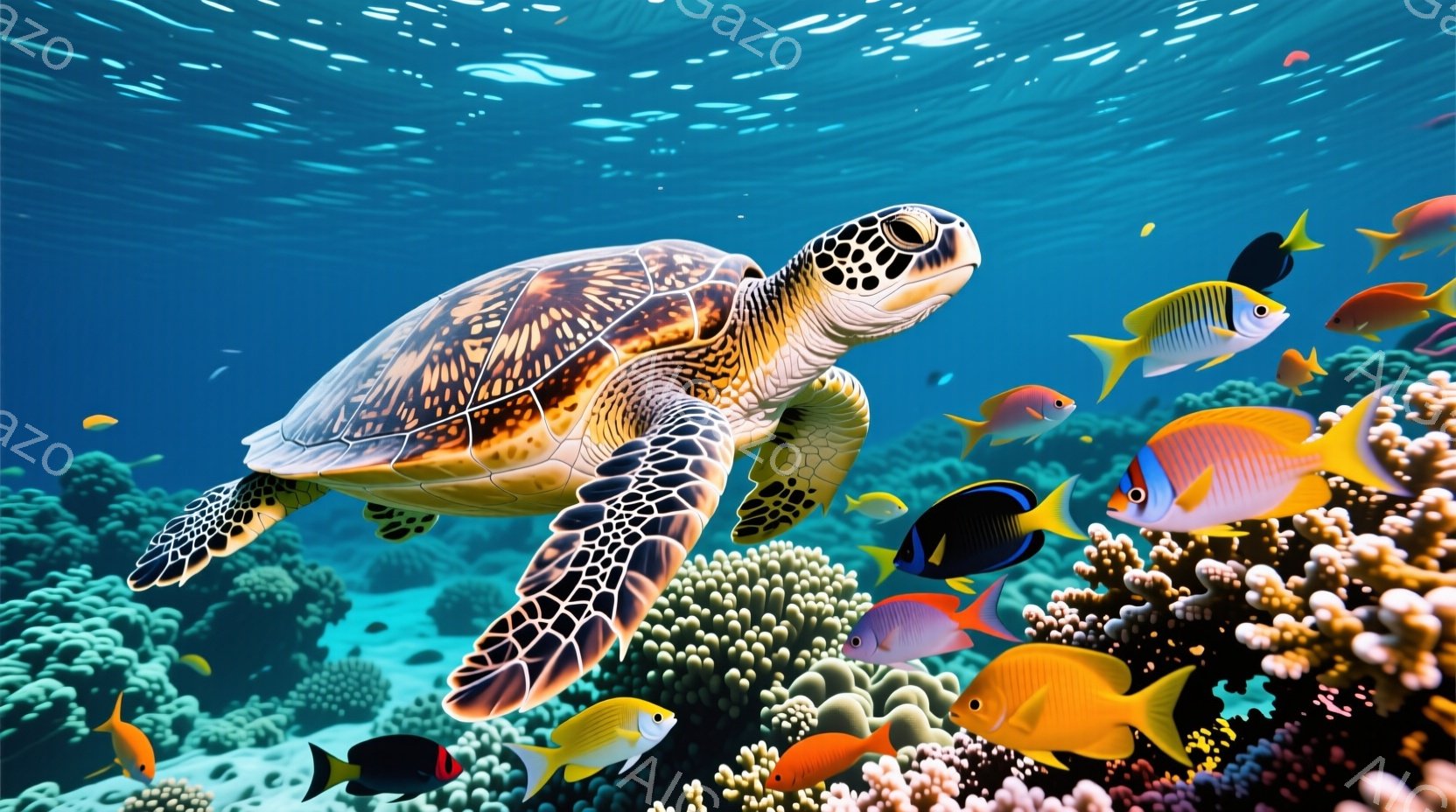 海中を大きなウミガメが優雅に泳いでいる様子が描かれています。カラフルなサンゴ礁と熱帯魚たちが周囲を取り囲み、活気に満ちた水中世界を表現しています。光が水面から差し込み、幻想的な雰囲気を醸し出しています - AI生成フリー素材
