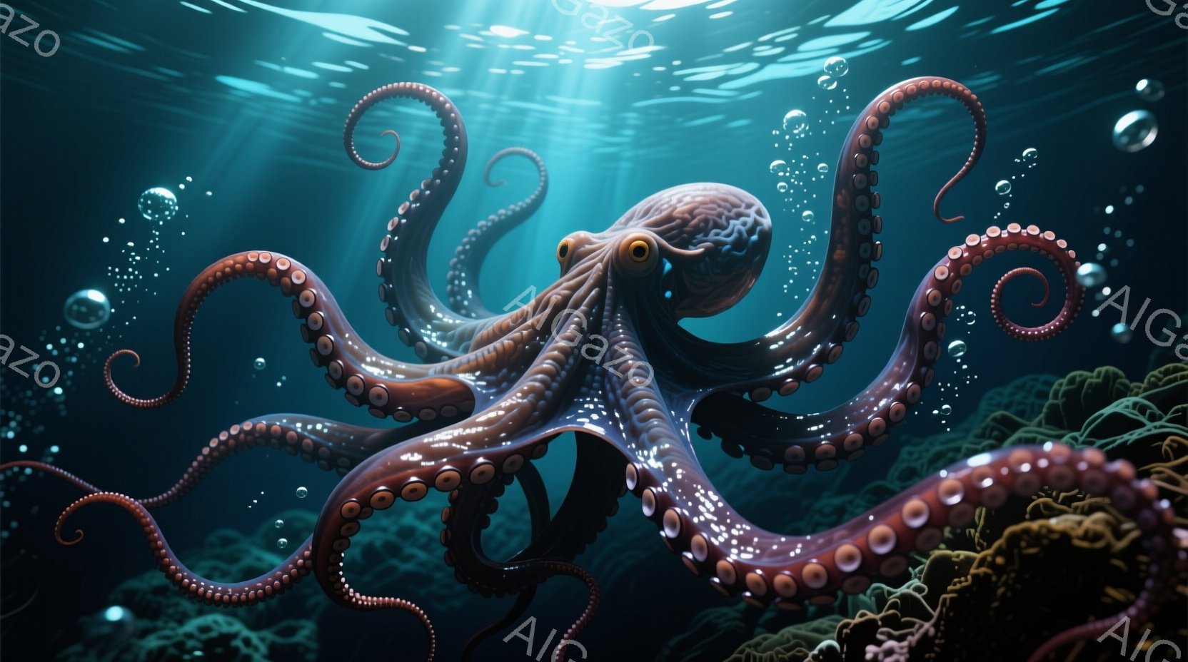 深い青色の海中に、赤褐色のタコが力強く泳いでいる姿が描かれている。タコの体には白い斑点が散りばめられ、触手は優雅に波打ち、海底の岩礁に沿って伸びている。周囲には光線が差し込み、水中に漂う泡が幻想的な雰 - AI生成フリー素材