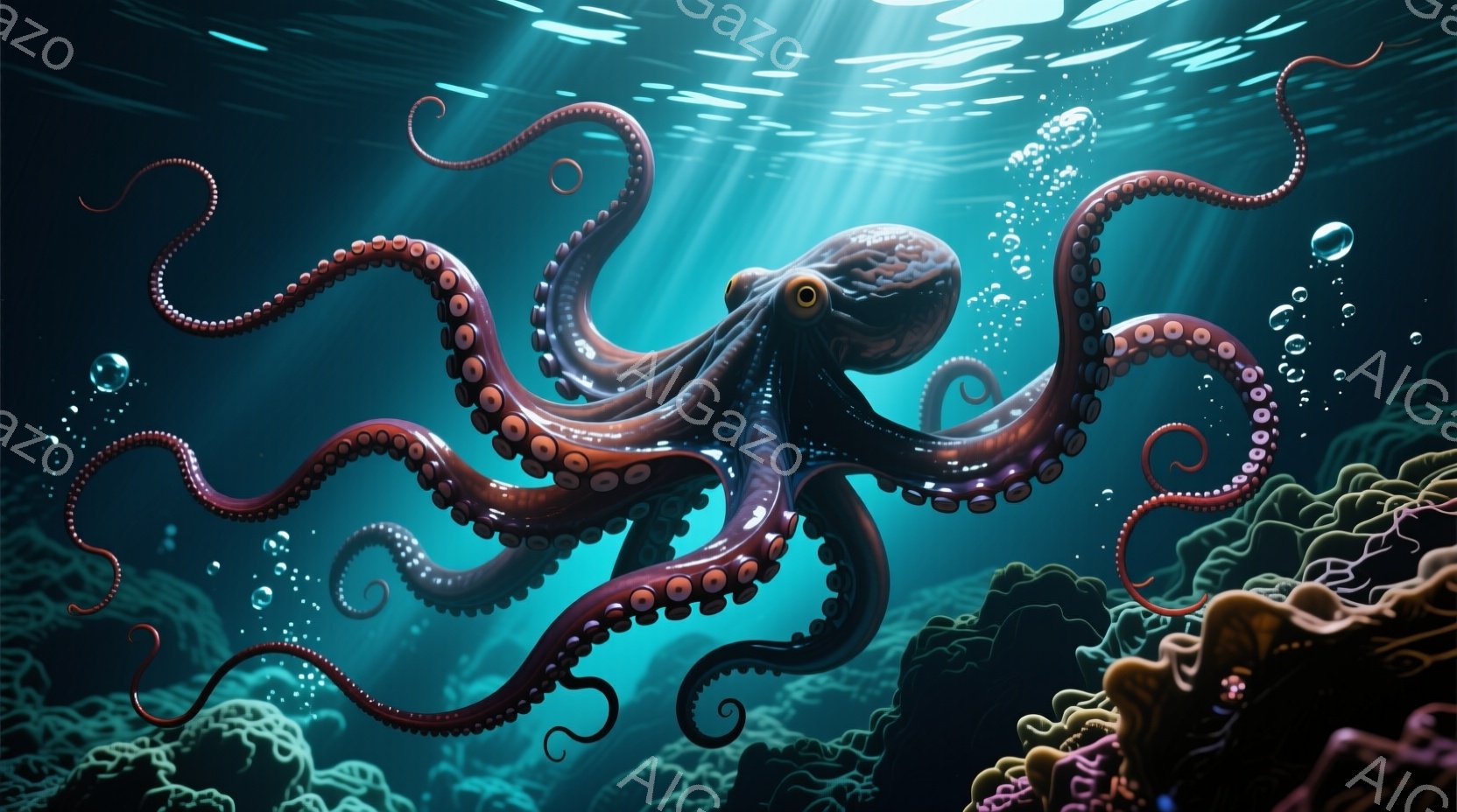 深い青色の海中には、大きなタコが優雅に漂っている。タコは赤みがかった茶色の体をしており、長く巻き曲がった触手が海中を漂い、まるで踊っているかのようだ。背景には、サンゴ礁や海藻が広がり、水中に差し込む光 - AI生成フリー素材