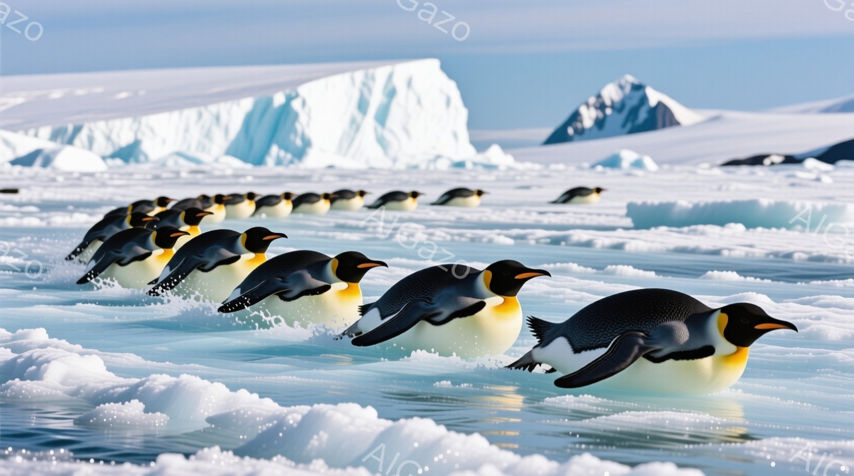 広大な氷原を、ペンギンの群れが整列して進んでいる様子が捉えられています。彼らは皆、黒と白の鮮やかなコントラストで、同じ方向に進み、水面を波紋とともに駆け抜けています。背景には巨大な氷山がそびえ立ち、極寒の南極大陸の壮大な自然と生命の息吹を感じさせる光景です。