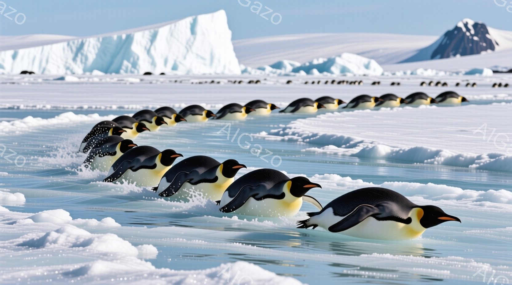 広大な氷原を、多数のアデリーペンギンが隊列をなして進んでいる様子が捉えられている。ペンギンたちは黒と白のコントラストが鮮やかで、水面を蹴り上げながら、一様に右方向に歩いている。背景には、青白い氷山がそびえ立ち、極寒の南極の厳しい自然環境を象徴している。