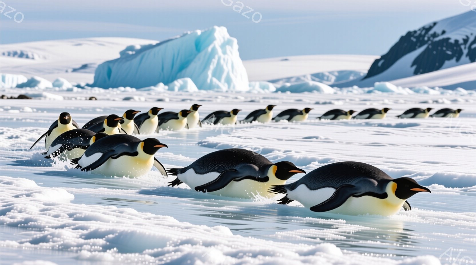 ケープペンギンの一群が、氷の海の上を整列して進んでいる様子が捉えられています。ペンギンたちは黒と白のコントラストが鮮やかで、海面を少しずつ蹴り上げながら、一列に並んで前進しています。背景には、青白い氷 - AI生成フリー素材