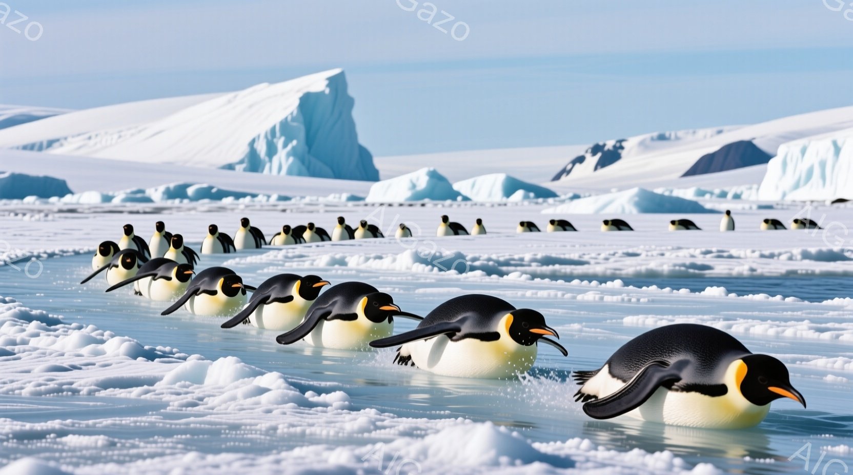 氷の海を泳いでいるペンギンの群れが写っています。彼らは一列に並び、滑らかな動きで前進しており、それぞれが黒と白のコントラストが際立つ美しい姿です。背景には、青白い氷山と雪景色が広がり、静かで冷たい極地の雰囲気を醸し出しています。