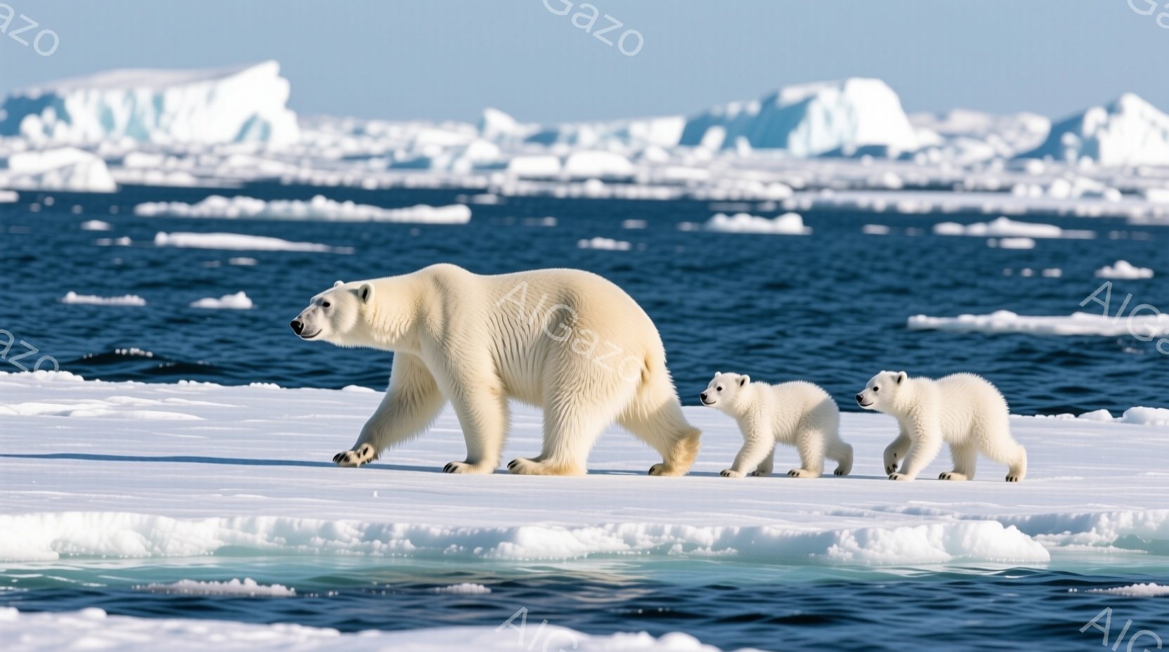 白い北極熊の母が、二匹の幼い子熊を率いて氷の上を歩いている。背景には、青い海と様々な形の氷山が広がり、光の反射が水面にきらめいている。全体的に、冷たく静かな北極の風景と、母熊の愛情深い姿が伝わる、穏やかな雰囲気の画像である。